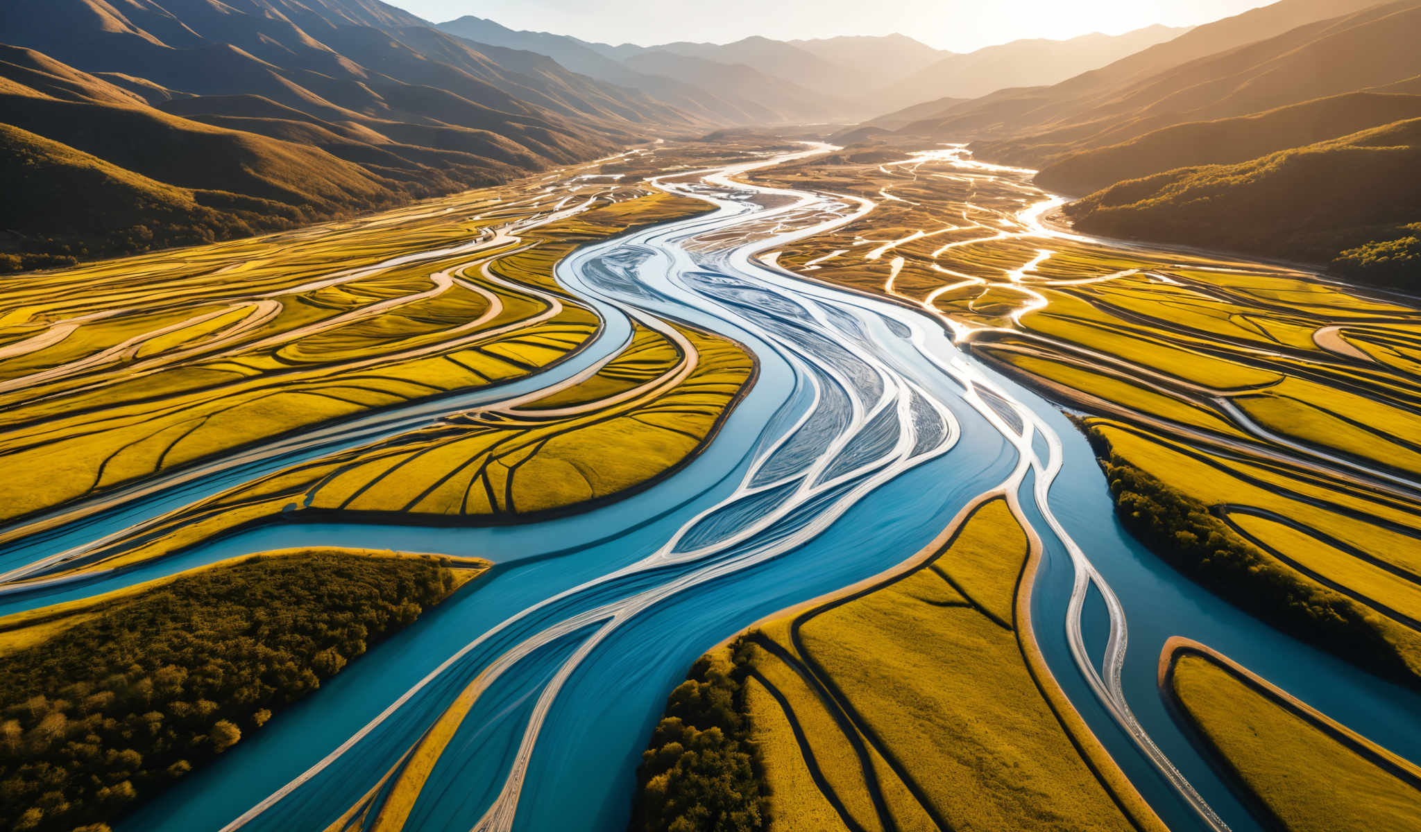 A winding river with a blue waterway and yellow banks.