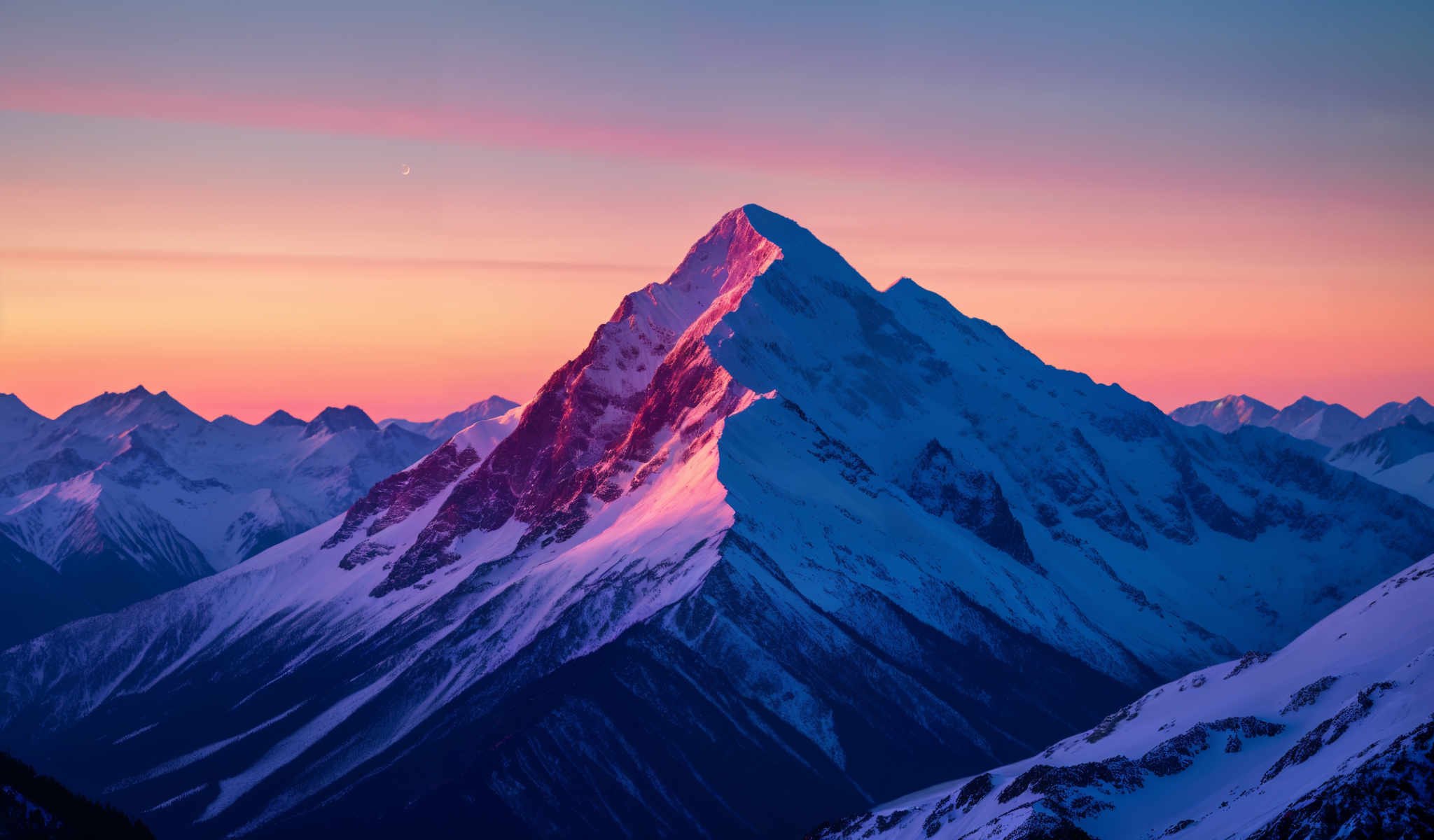 A majestic mountain peak bathed in the warm hues of a sunset. The peak a stunning blend of red and white stands tall against the backdrop of a sky painted in shades of pink and orange. The mountain is surrounded by a sea of snow its pristine white surface reflecting the fading light of the setting sun. The image captures the serene beauty of nature with the mountain peak as its centerpiece.