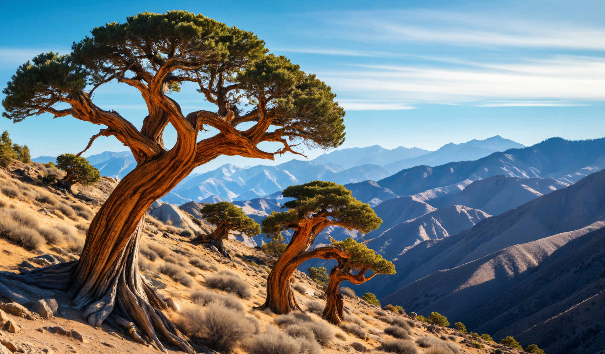 The image captures a serene mountainous landscape. Dominating the foreground are three twisted trees their trunks a vibrant orange and their leaves a lush green. They are situated on the left side of the frame their gnarled forms adding a touch of whimsy to the scene.

Beyond the trees the terrain ascends into a range of mountains. These mountains their peaks dusted with snow stretch across the middle ground of the photo. Their majestic forms provide a stark contrast to the organic shapes of the trees.

Above the mountains the sky opens up in a clear blue expanse. A few clouds are scattered across this azure backdrop their white forms standing out against the blue. The sky mountains and trees together create a harmonious blend of natural elements.

The image is a testament to the beauty of nature capturing the tranquility of a mountainous region. The precise locations of the objects and their relative positions to each other create a balanced composition making the image visually appealing. The image does not contain any text or human-made objects further emphasizing the natural theme. The colors object types and their actions are all clearly depicted providing a comprehensive understanding of the scene. The description is factual and minimizes aesthetic interpretations