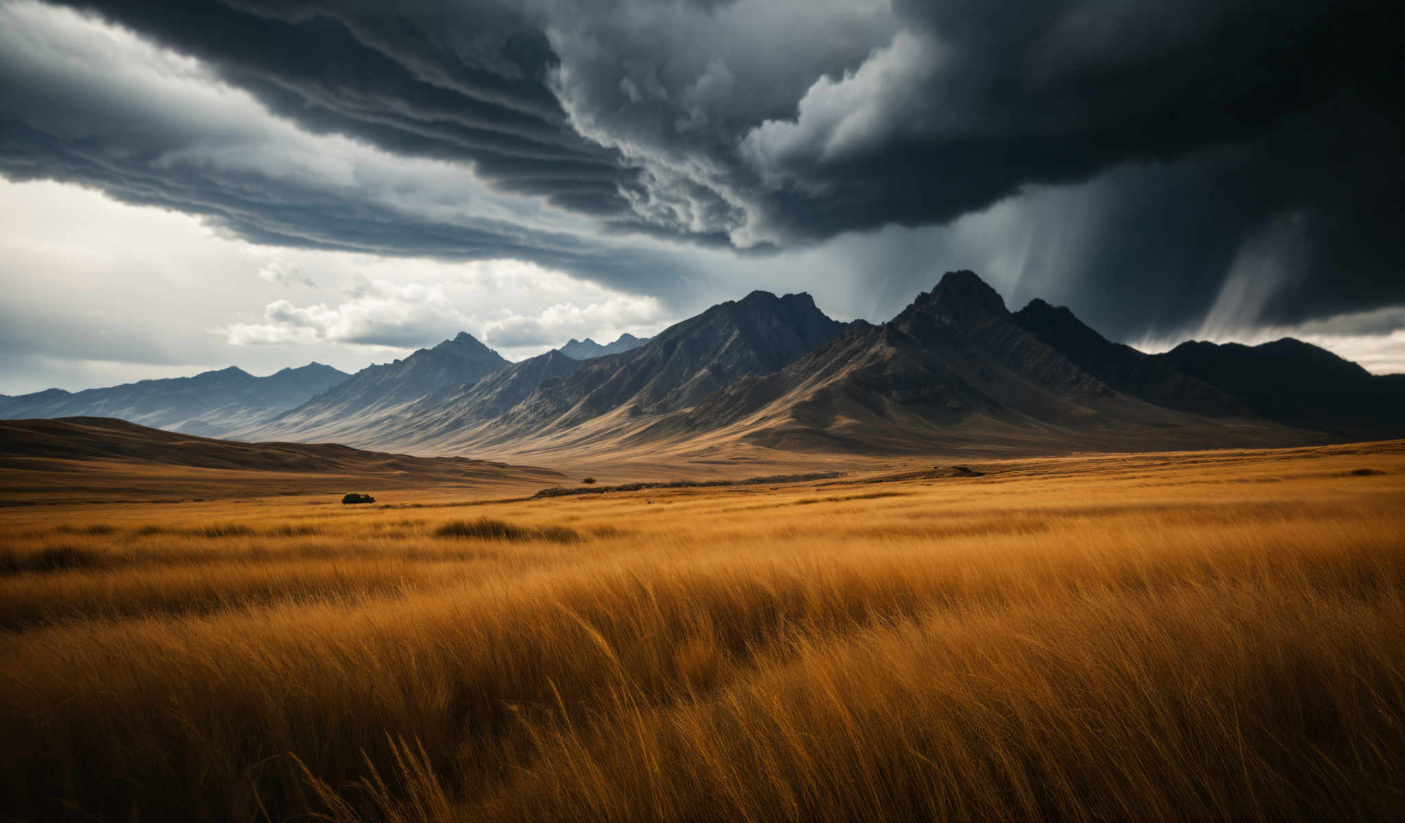 A stormy sky looms over a mountain range with a car driving through a field of tall dry grass.