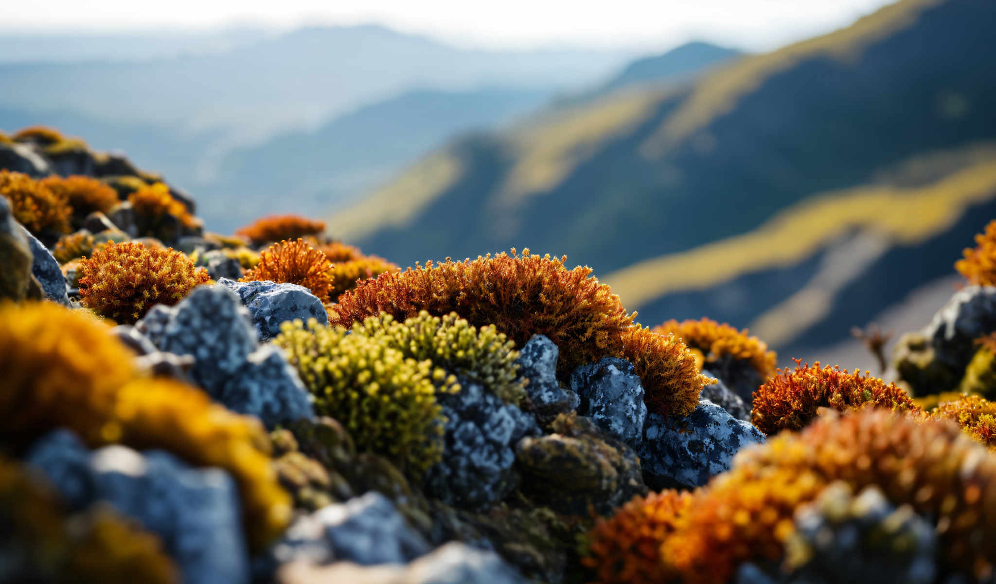 A rocky hillside is adorned with a variety of plants including a cluster of small yellow flowers and a group of orange shrubs. The plants are scattered across the hillside creating a vibrant display of color against the rocky terrain. The hillside itself is a mix of gray and brown rocks providing a stark contrast to the colorful plants. In the background a mountain range stretches across the horizon adding depth to the scene. The image captures the beauty of nature in its raw form with the plants thriving amidst the rocky landscape.