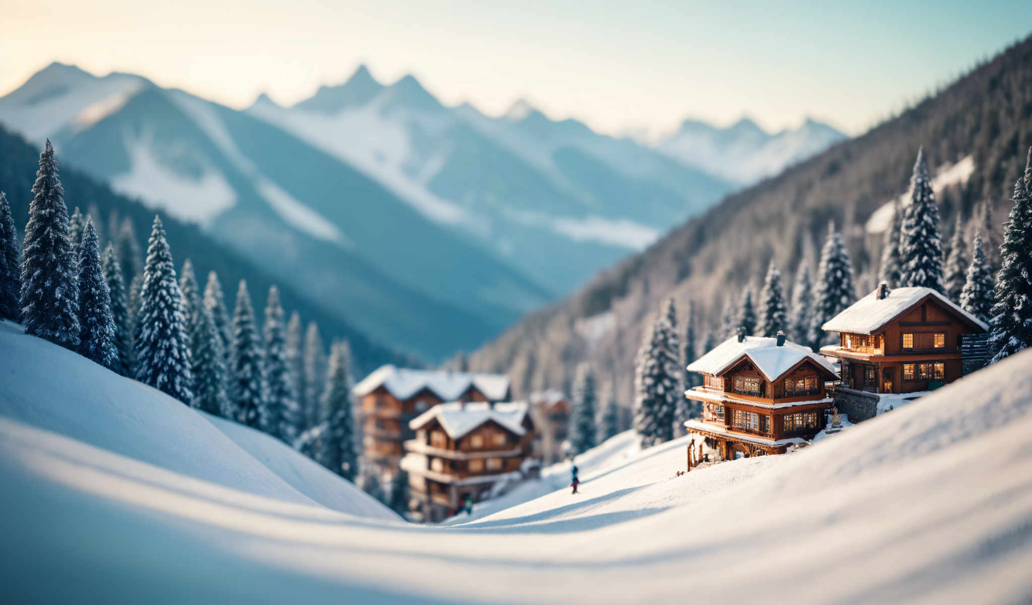 A ski resort with a wooden chalet and a ski lift.