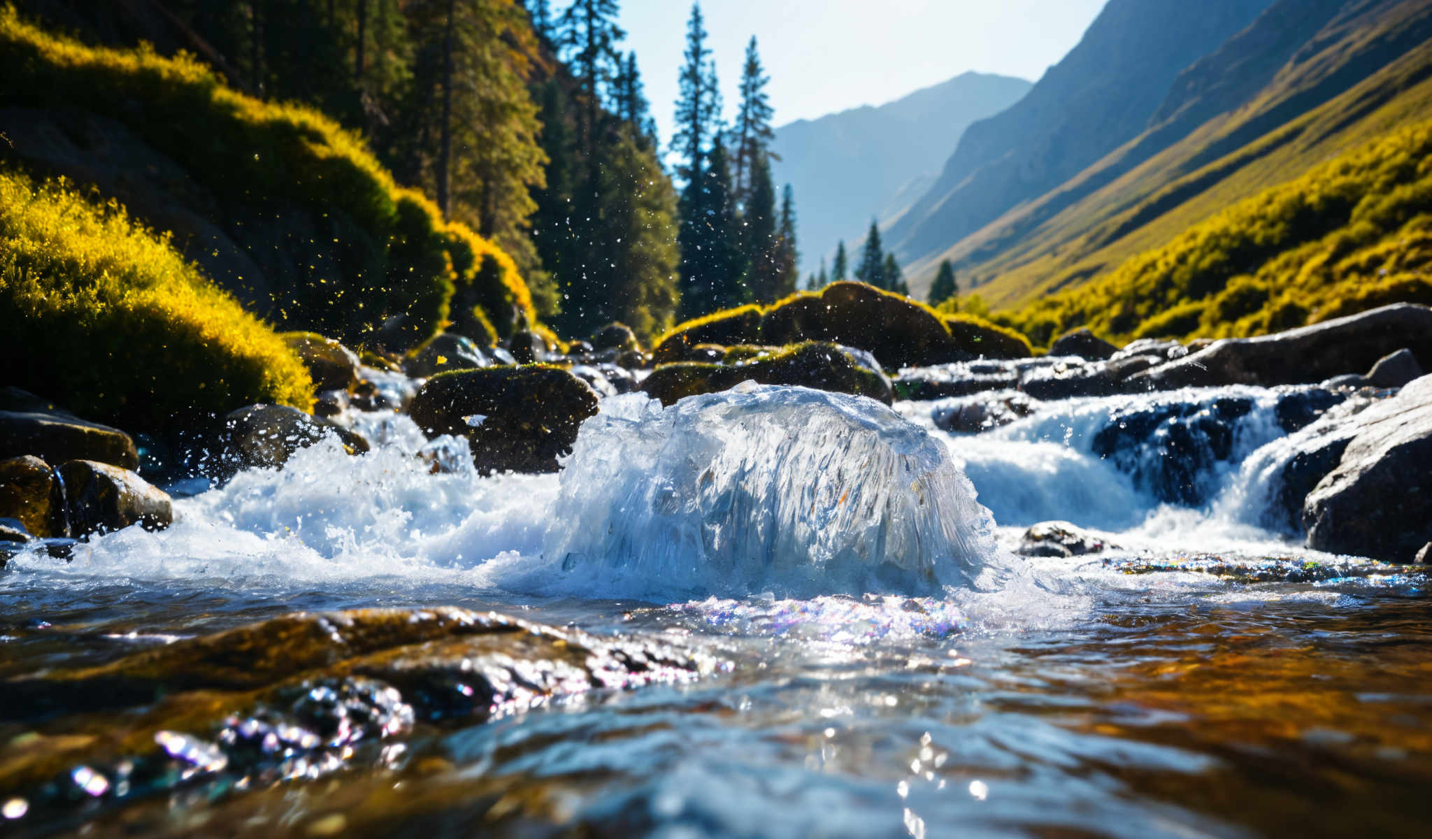 A waterfall cascades down a rocky riverbed surrounded by lush greenery.