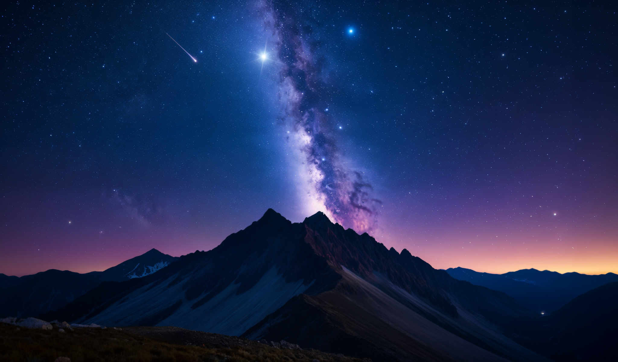 A mountain range with a bright star and a shooting star in the sky.