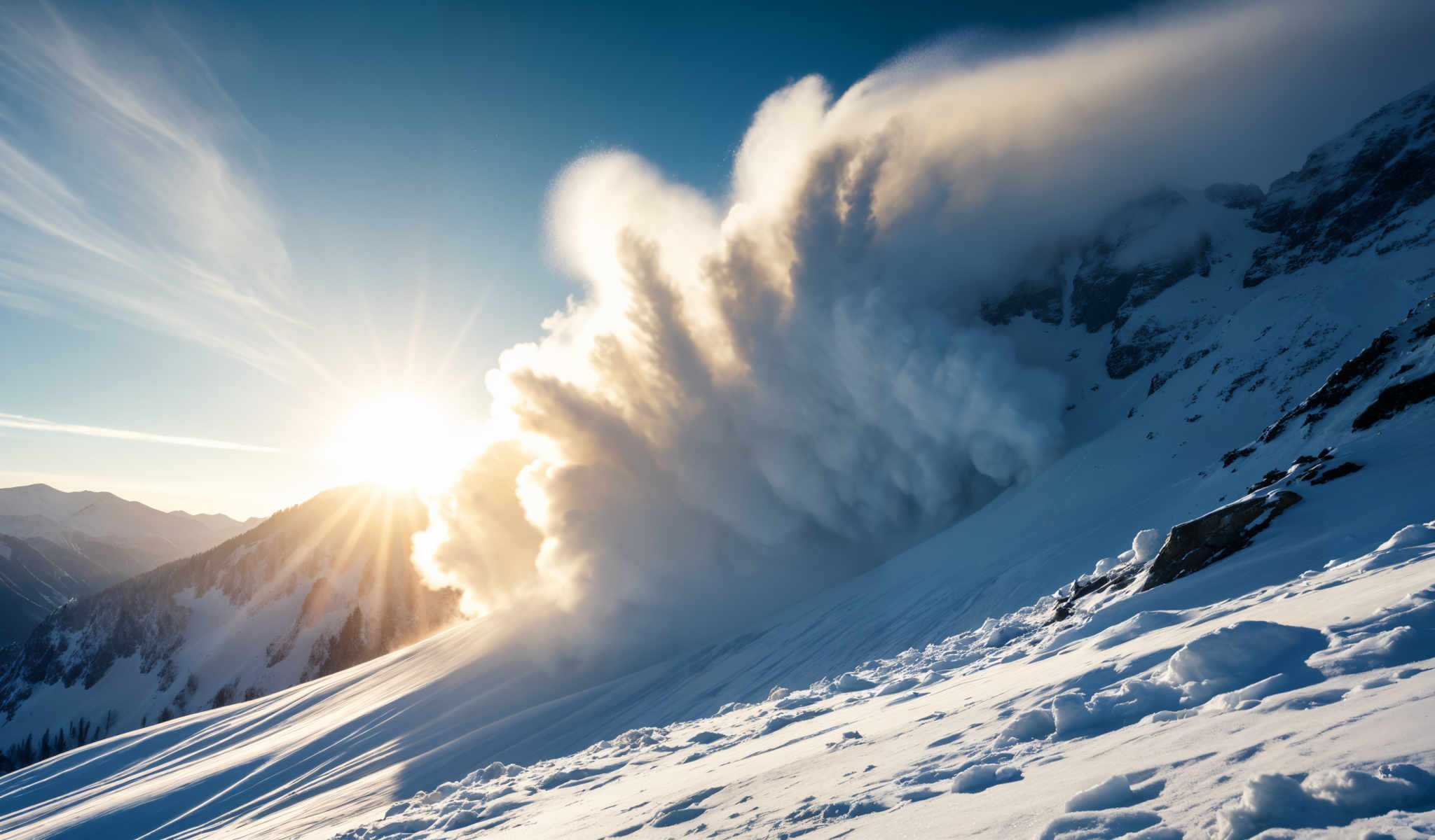 A large cloud of snow is being blown by the wind.