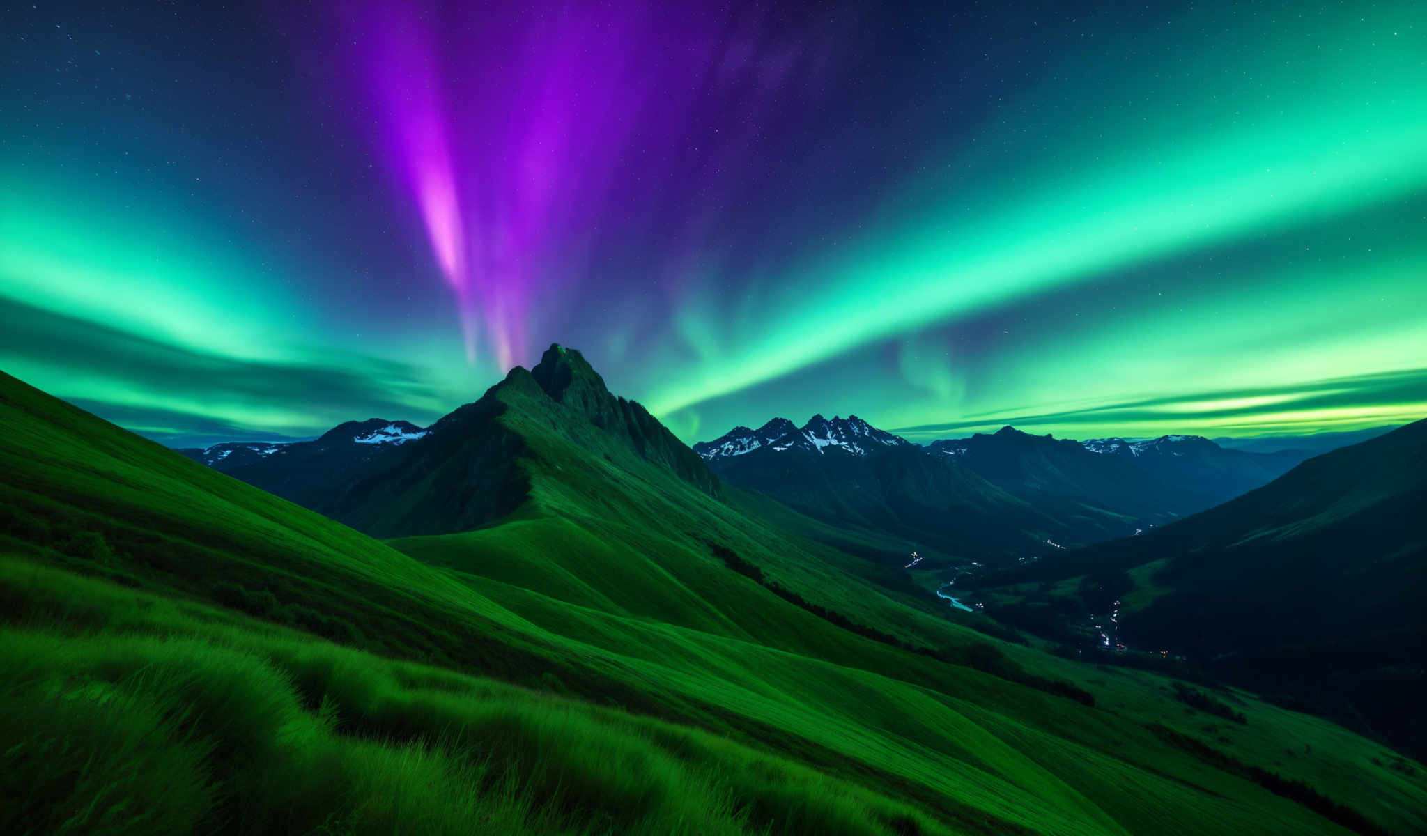 A breathtaking view of a mountain range with a purple and green sky. The mountains are covered in snow and the sky is filled with a beautiful mix of purple and blue hues. The image captures the majesty of nature and the serene beauty of the landscape.