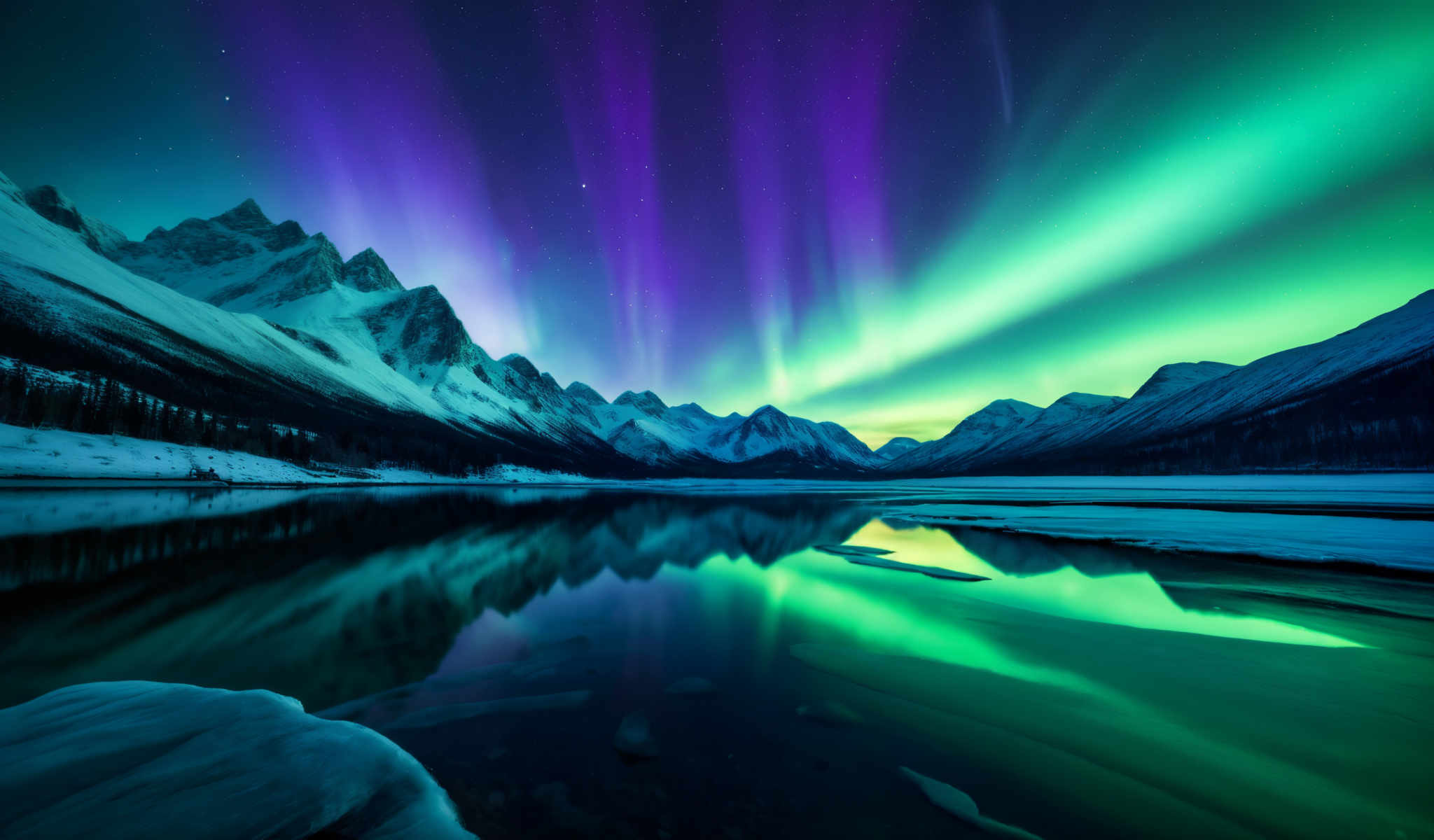 A serene scene of a mountain range with a lake in the foreground. The mountains are covered in snow and the sky is a beautiful shade of blue. The lake is calm and still reflecting the majestic mountains and the vibrant sky. The image is taken at night adding a magical touch to the scene. The colors are predominantly blue green and white creating a peaceful and tranquil atmosphere. The perspective of the photo is from a low angle looking up at the mountains giving a sense of grandeur and awe to the viewer. The landmark identifier "sa_1624" does not provide additional information about the location of this scene.