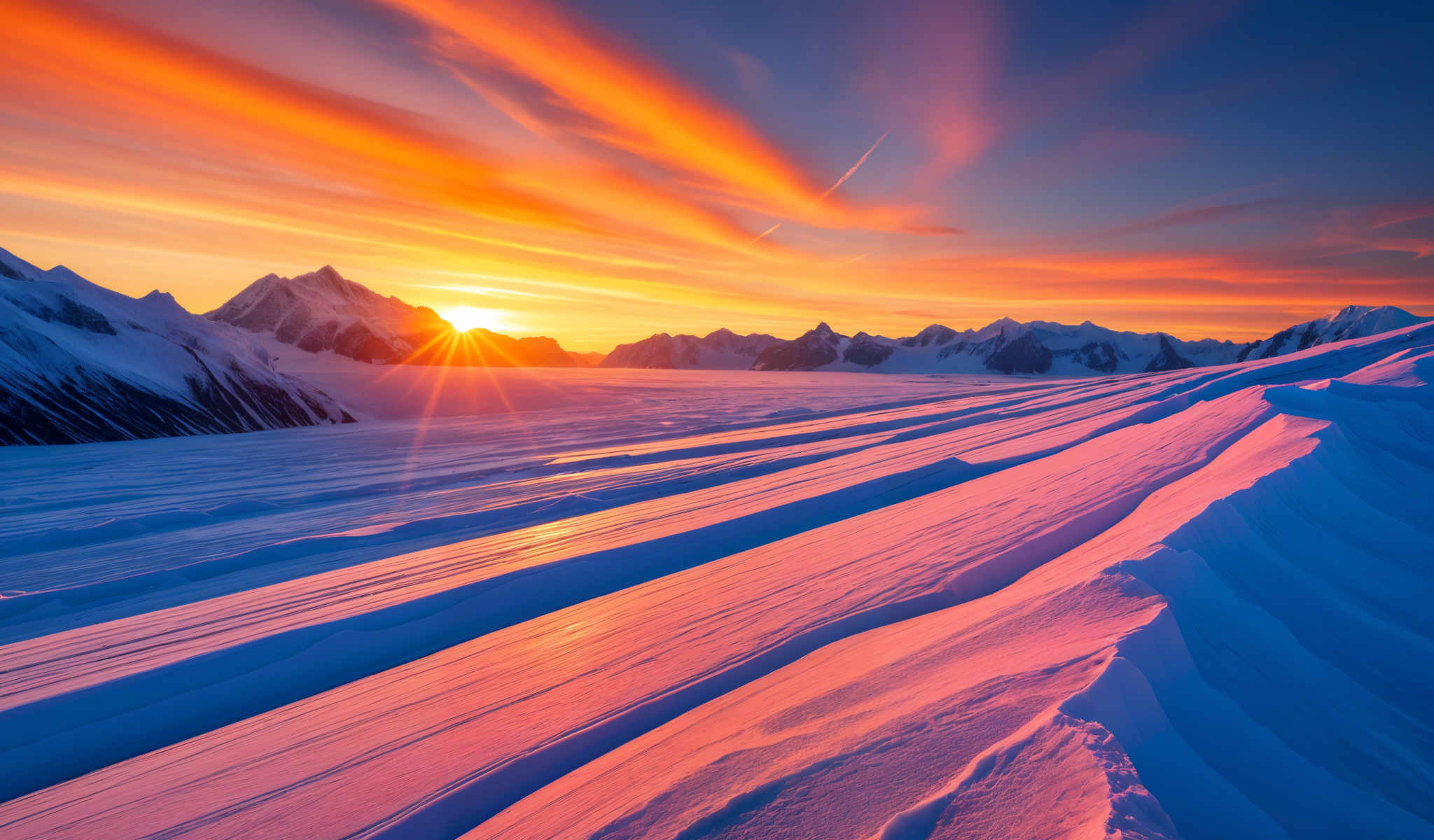 A breathtaking view of a snowy mountain range at sunset. The sky is painted with warm hues of orange and pink creating a stunning backdrop for the majestic mountains. The mountains themselves are blanketed in a thick layer of snow their peaks reaching up towards the sky. The sun is setting behind the mountains casting long shadows and bathing the scene in a soft golden light. The image captures the serene beauty of nature with the snow-covered mountains standing tall and proud against the vibrant sky.