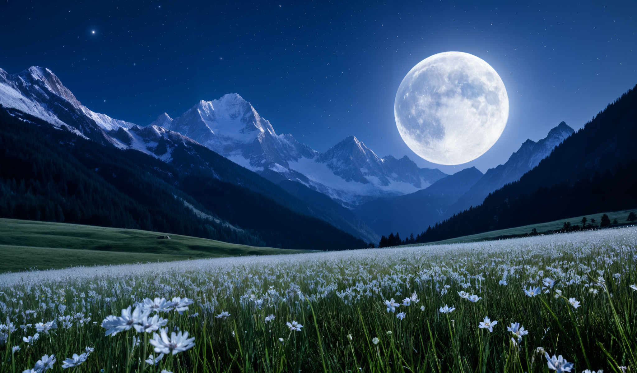 A serene night scene with a full moon and snow covered mountains.