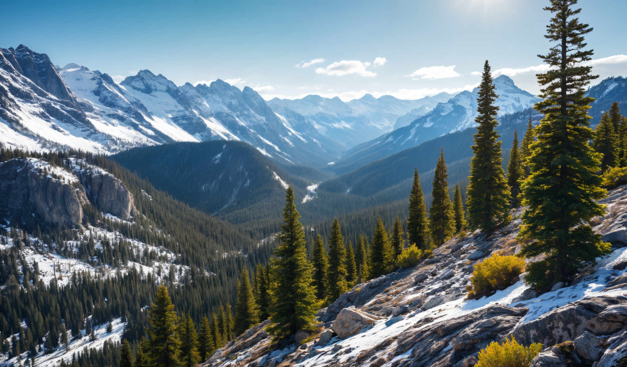 A breathtaking view of a mountain range with a river meandering through it. The mountains are covered in a blanket of snow and the sky is a clear blue. The river a lifeline in the wilderness is surrounded by lush green trees. The image captures the serene beauty of nature with the mountains standing tall and majestic. The clear blue sky adds a sense of tranquility to the scene. The green trees along the river add a vibrant touch to the otherwise monochrome landscape. The perspective of the photo is from a high vantage point giving a panoramic view of the mountains and the river. The colors in the photo are vivid and bright making the scene come alive. The photo is a testament to the beauty of the natural world.