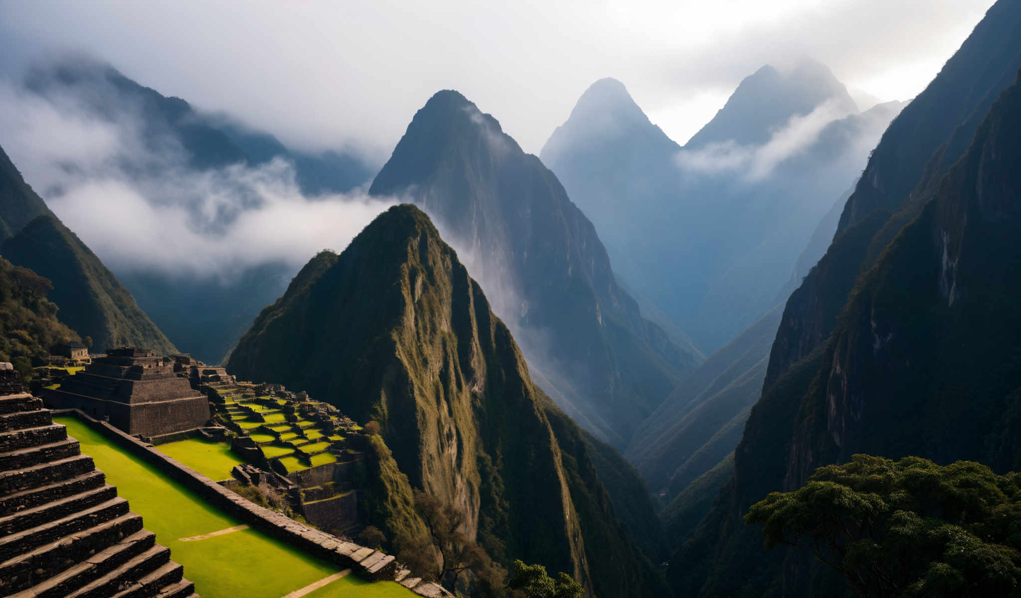 The image captures the breathtaking view of the Inca ruins at Machu Picchu in Peru. The ruins carved into the side of a steep mountain are a testament to the architectural prowess of the Incas. The mountains shrouded in a blanket of fog add a sense of mystery to the scene. The lush green vegetation contrasts beautifully with the gray of the stone structures. The perspective of the photo taken from a high angle offers a panoramic view of this historic site. The image is a stunning representation of the blend of nature and human ingenuity that characterizes MachuPicchu.