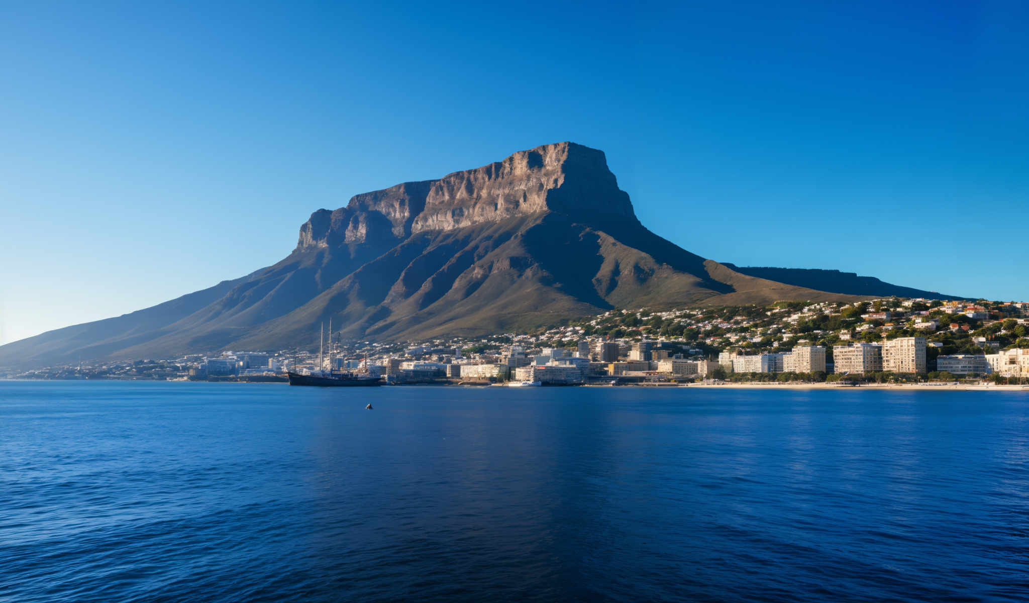 A picturesque coastal city with a large mountain in the background. The city is nestled on the shore of a deep blue sea. The mountain covered in lush green vegetation towers over the city providing a stunning backdrop. The buildings of the city are white contrasting beautifully with the blue of the sea and sky. The sky is clear and blue adding to the serene atmosphere of the scene. The image captures the essence of a peaceful coastal city with the mountain adding a touch of majesty.