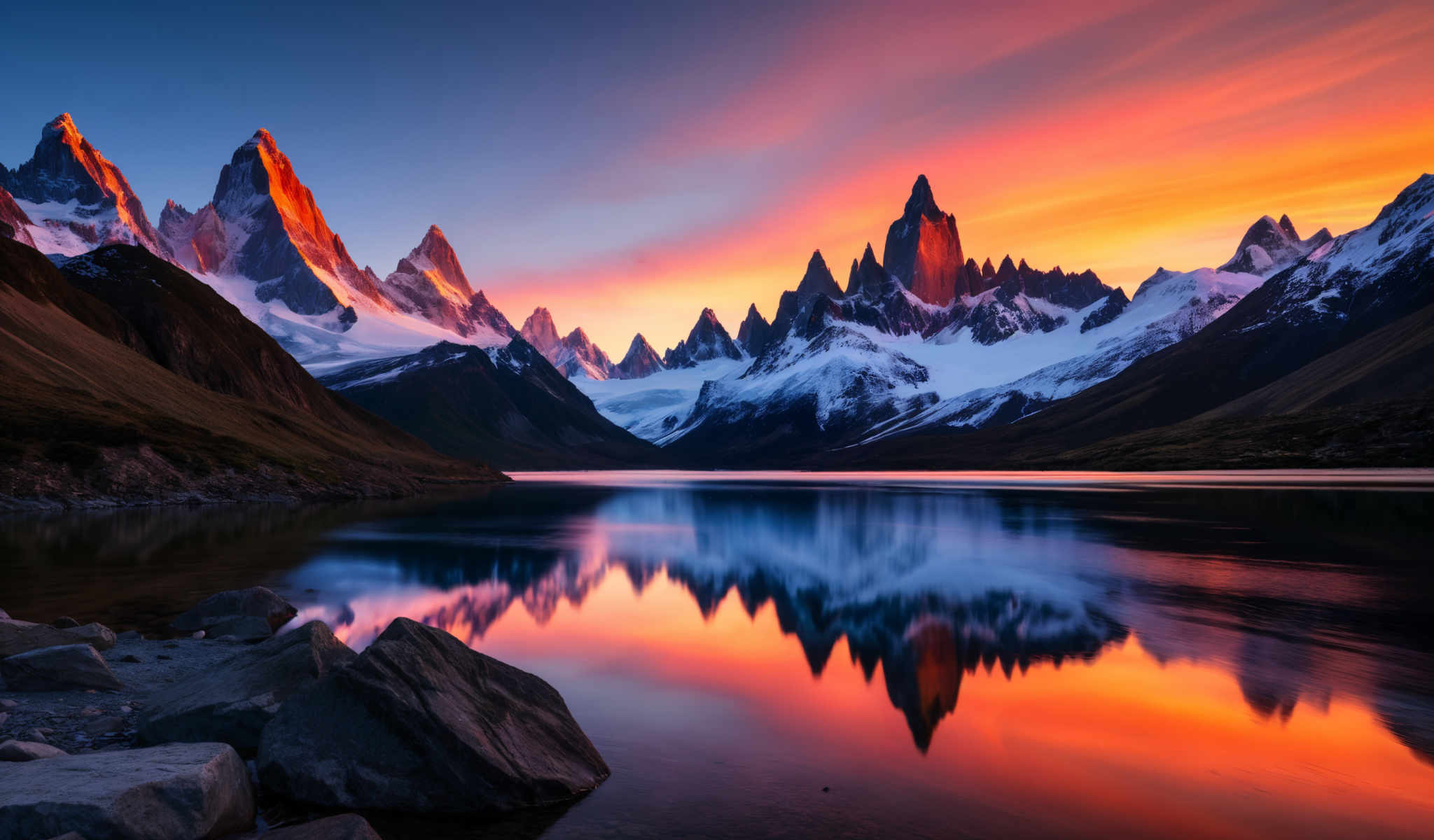 A serene mountain landscape with a lake in the foreground. The mountains are covered in snow and the sky is painted with hues of orange and pink. The lake is calm and still reflecting the breathtaking scenery. The image captures the beauty of nature and the tranquility of the scene.