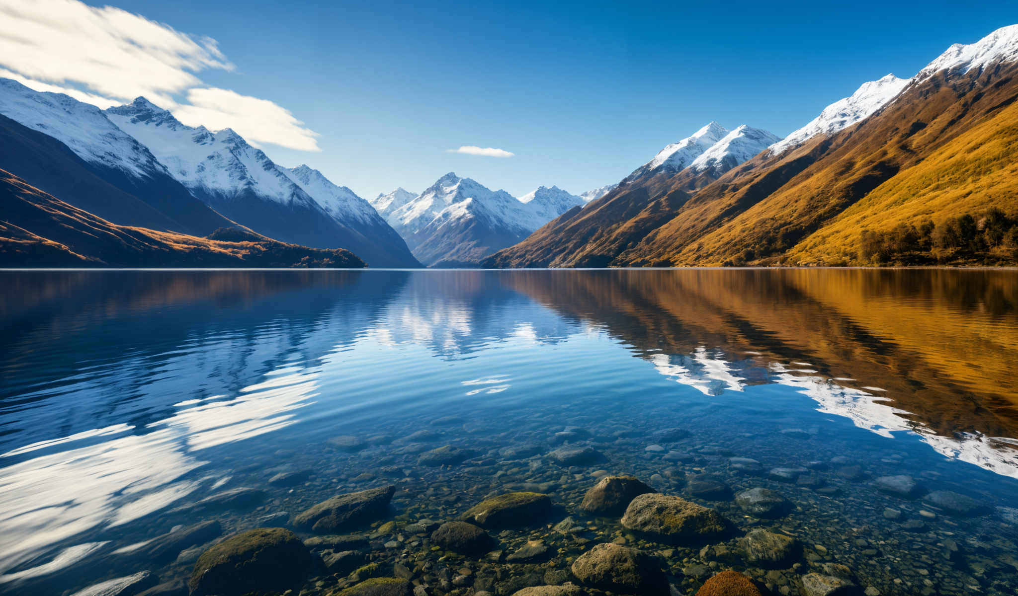 A serene mountainous landscape with a deep blue lake in the foreground. The mountains are covered in snow and the sky is a clear blue. The lake is surrounded by rocks and the mountains are reflected in the water. The image is taken from a low angle giving a sense of scale and grandeur to the scene. The colors are vibrant with the blue of the lake and sky contrasting with the green of the mountains and the brown of the rocks. The perspective of the photo enhances the beauty of the landscape making it appear even more majestic. The snow on the mountains adds a touch of tranquility to the image making the scene appear peaceful and serene. The clear blue sky adds to the overall beauty of this picturesque landscape.