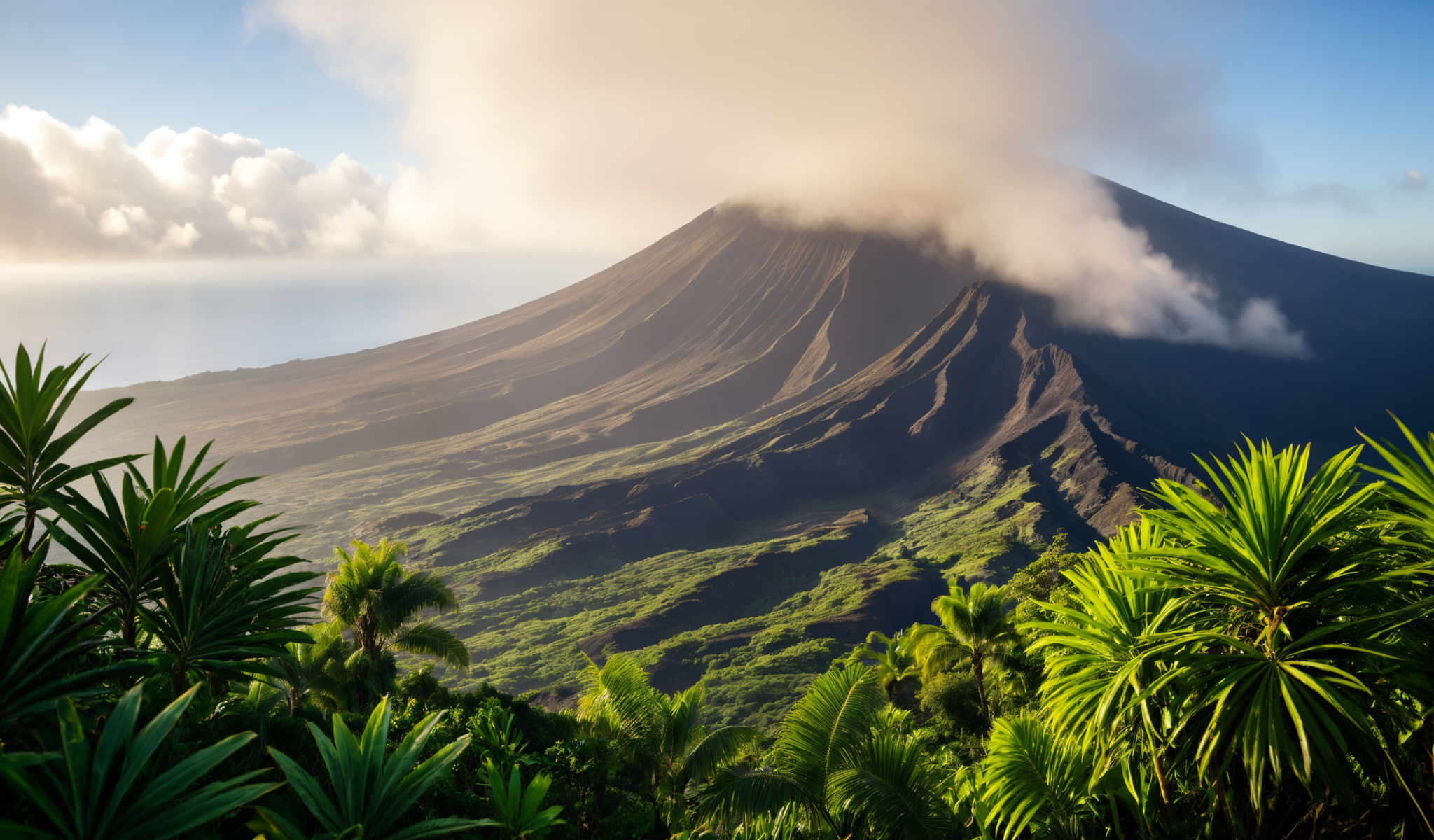 A beautiful view of a mountain with a cloud on top. The mountain is surrounded by a lush green forest. The sky is blue with a few clouds. The image is taken from a high angle giving a bird's eye view of the mountain and the forest.