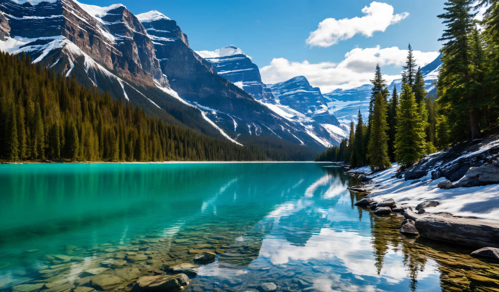 A serene mountainous landscape with a bright blue lake in the foreground. The mountains are covered in snow and the sky is a clear blue with a few clouds. The lake is surrounded by trees and there are a few rocks visible in the water. The image is taken from a low angle giving a sense of scale and grandeur to the scene. The colors are vibrant and the lighting is bright suggesting it might be a sunny day. The overall scene is peaceful and inviting with the blue of the lake and the snow-covered mountains creating a beautiful contrast.