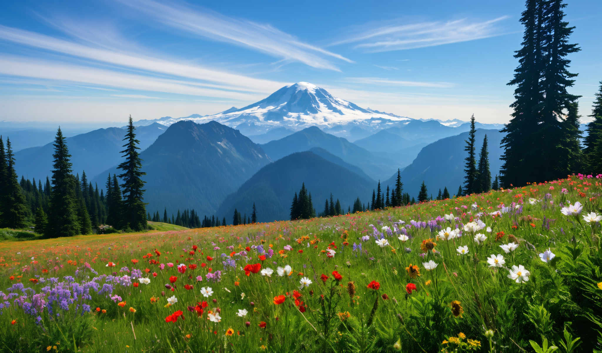 A beautiful mountain with snow on top and a field of flowers in the foreground.