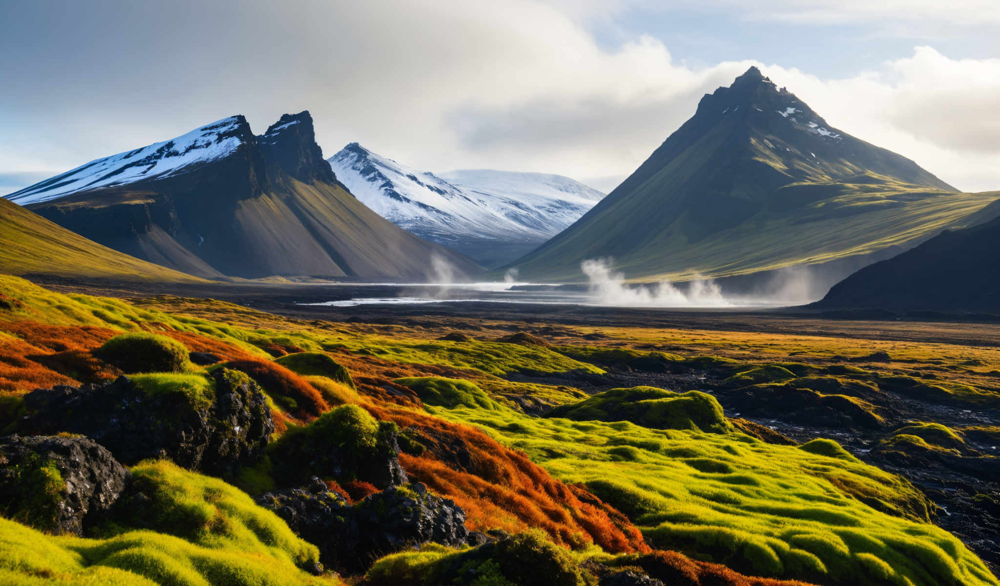 A breathtaking view of a mountainous landscape with a river flowing through it. The mountains are covered in snow and the river is surrounded by a field of green and orange grass. The sky is cloudy adding to the dramatic atmosphere of the scene.