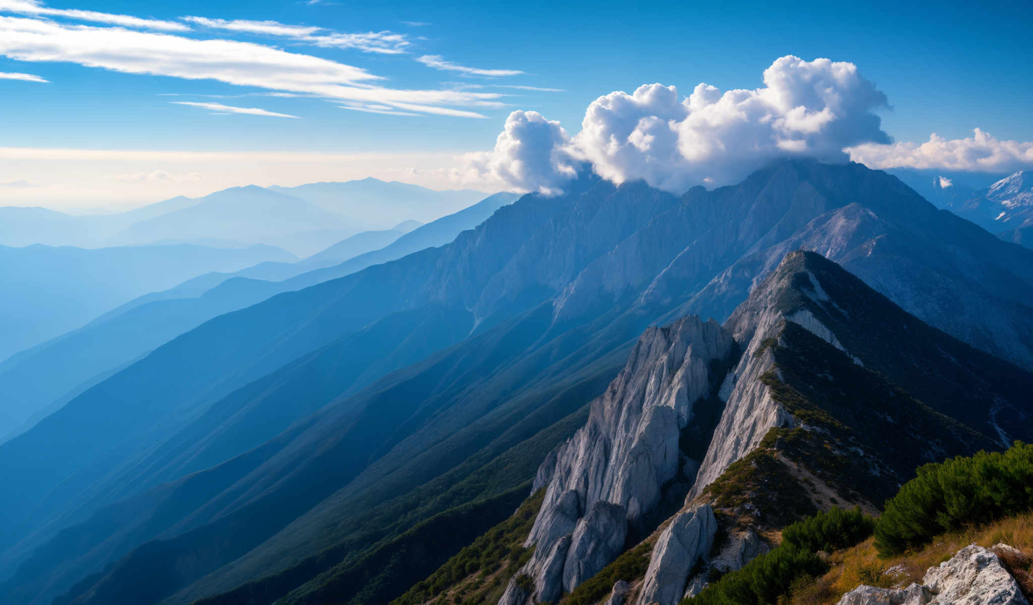 A breathtaking view of a mountain range with a clear blue sky above. The mountains are a mix of blue and gray with patches of green vegetation adding a touch of color. The sky is a beautiful shade of blue dotted with fluffy white clouds. The image captures the majesty and grandeur of nature with the mountains standing tall and proud. The clear sky suggests a calm and serene day. The vegetation on the mountains adds a touch or green to the otherwise blue and grey landscape. The overall image is a stunning representation of the beauty of nature.