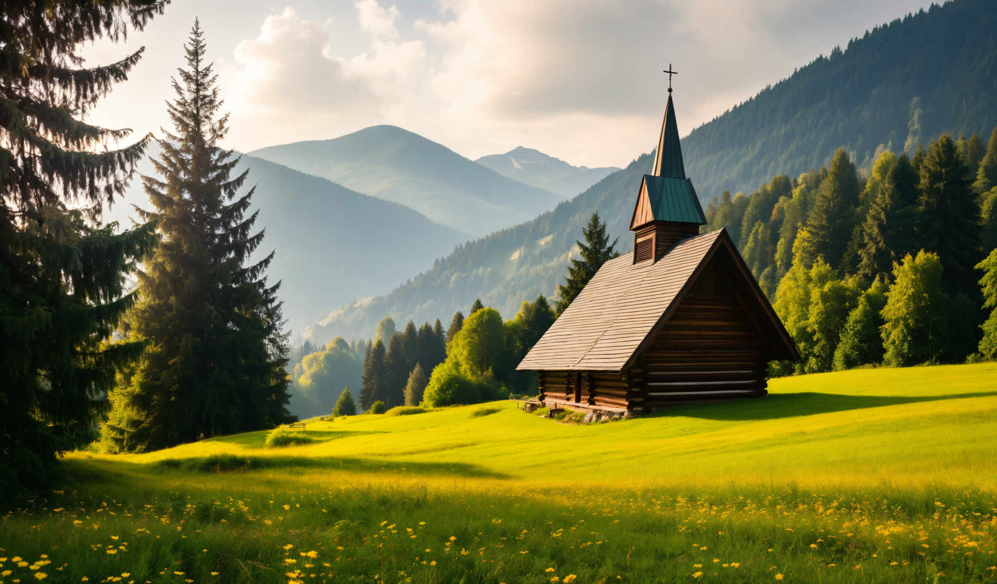 A wooden church with a green roof sits in a grassy field. The church has a cross on top and is surrounded by trees. The sky is blue with white clouds. The mountains in the background are covered in green trees.