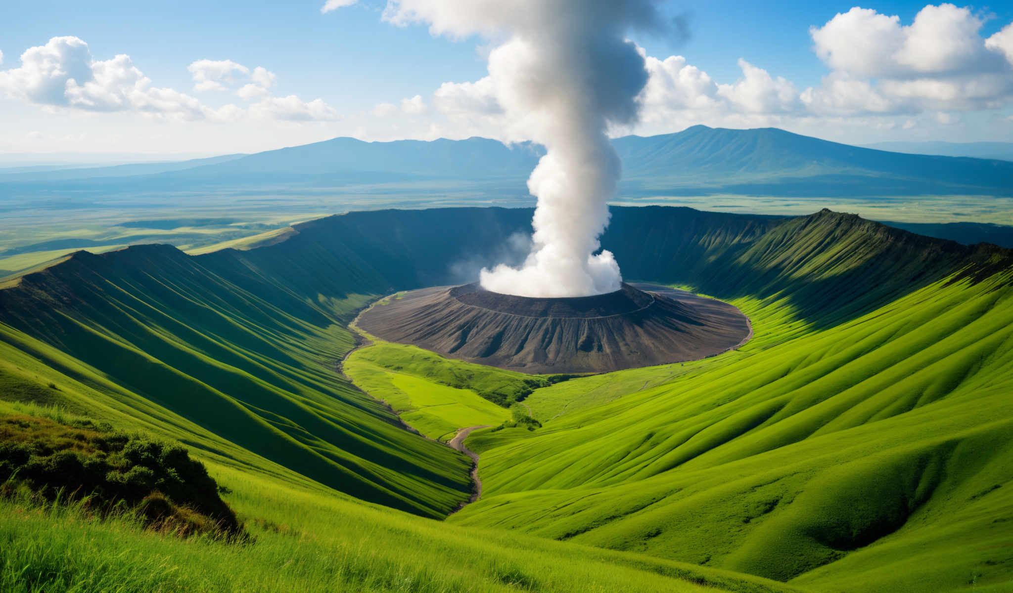 A large volcano erupts in a lush green valley.