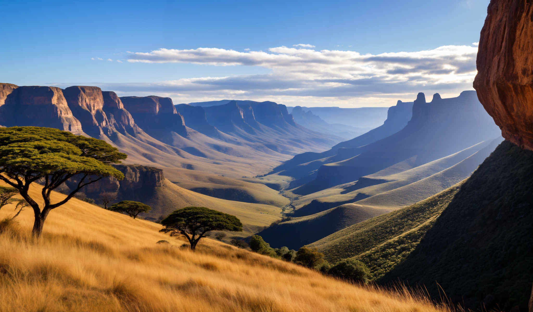 The image captures a breathtaking view of a mountainous landscape. The mountains painted in hues of blue and green rise majestically in the background. The foreground is dominated by a field of golden grass punctuated by a few trees. The sky above is a clear blue with a smattering of clouds adding depth to the scene. The image is taken from a high vantage point offering a panoramic view of the landscape below. The overall composition of the photo suggests a serene and untouched natural environment.