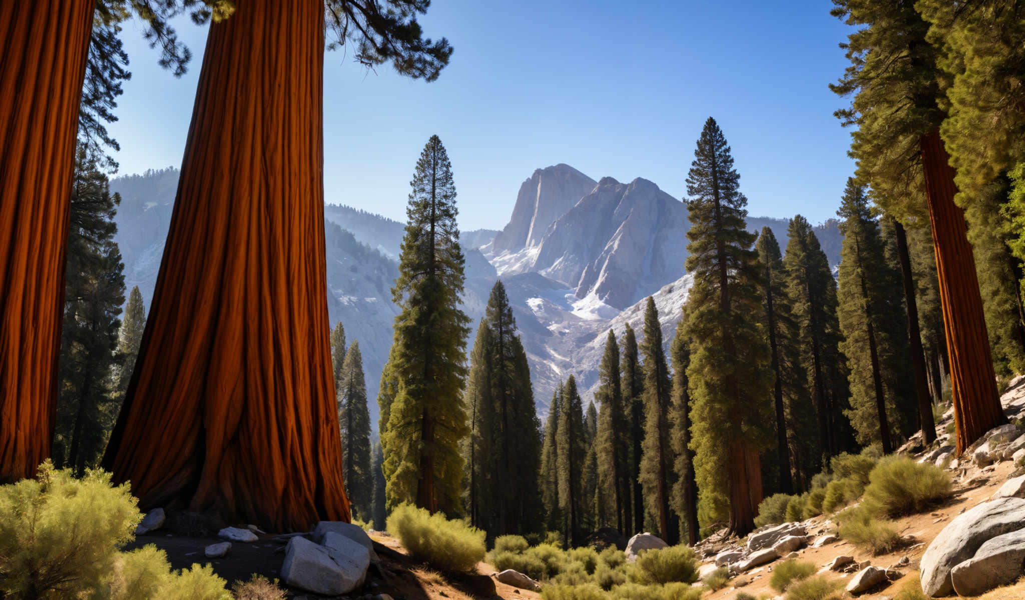 A majestic mountain range with snow-capped peaks under a clear blue sky. The mountains are surrounded by a forest of tall green trees. The trees are scattered across the landscape some standing alone others clustered together. The forest appears to be thriving with the trees reaching up towards the sky. In the foreground a large red tree trunk stands out against the greenery. The sky above is a bright blue with no clouds visible. The image captures the beauty and grandeur of nature in its raw form.