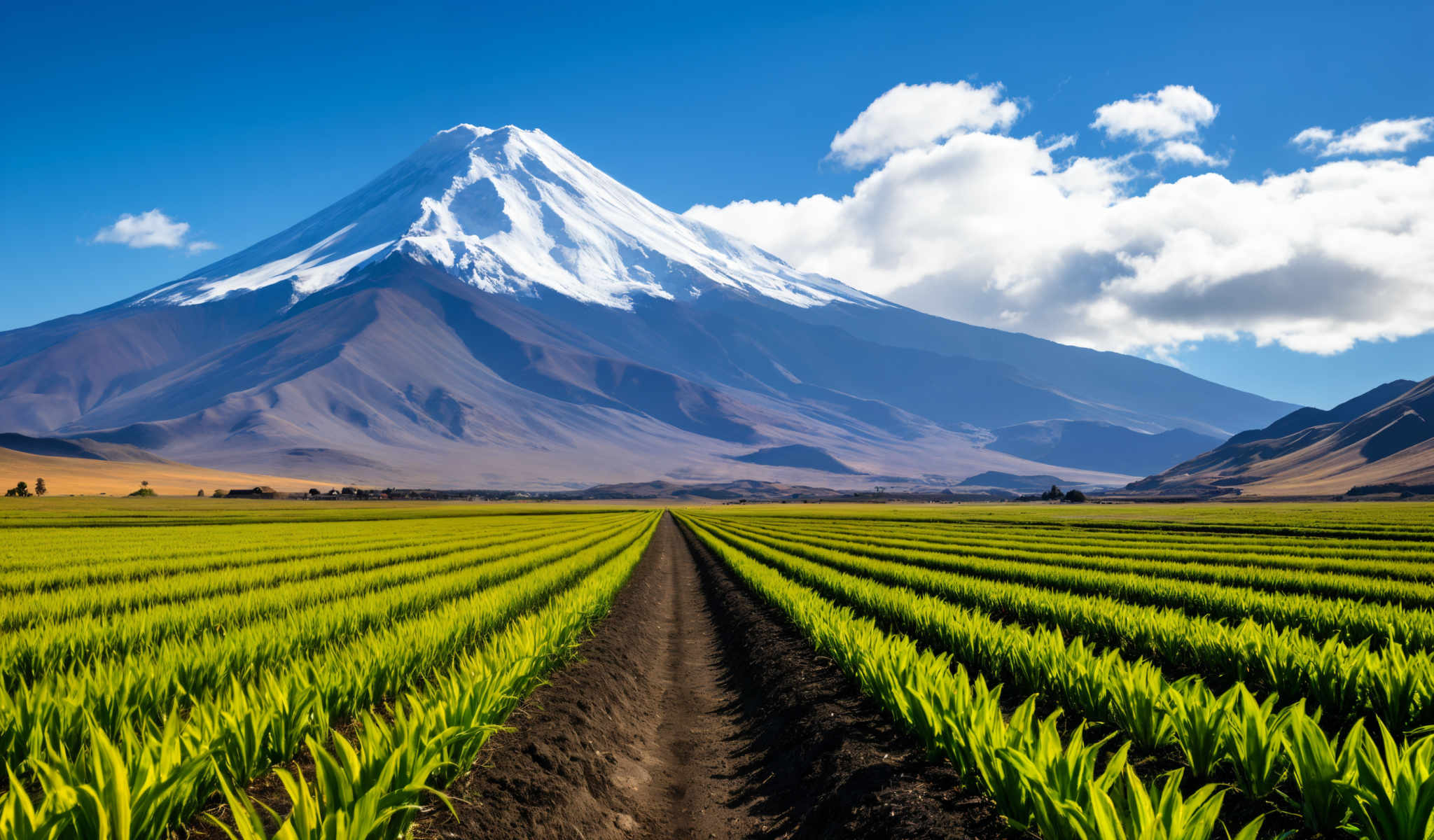 A mountain with snow on top and a field of crops below.