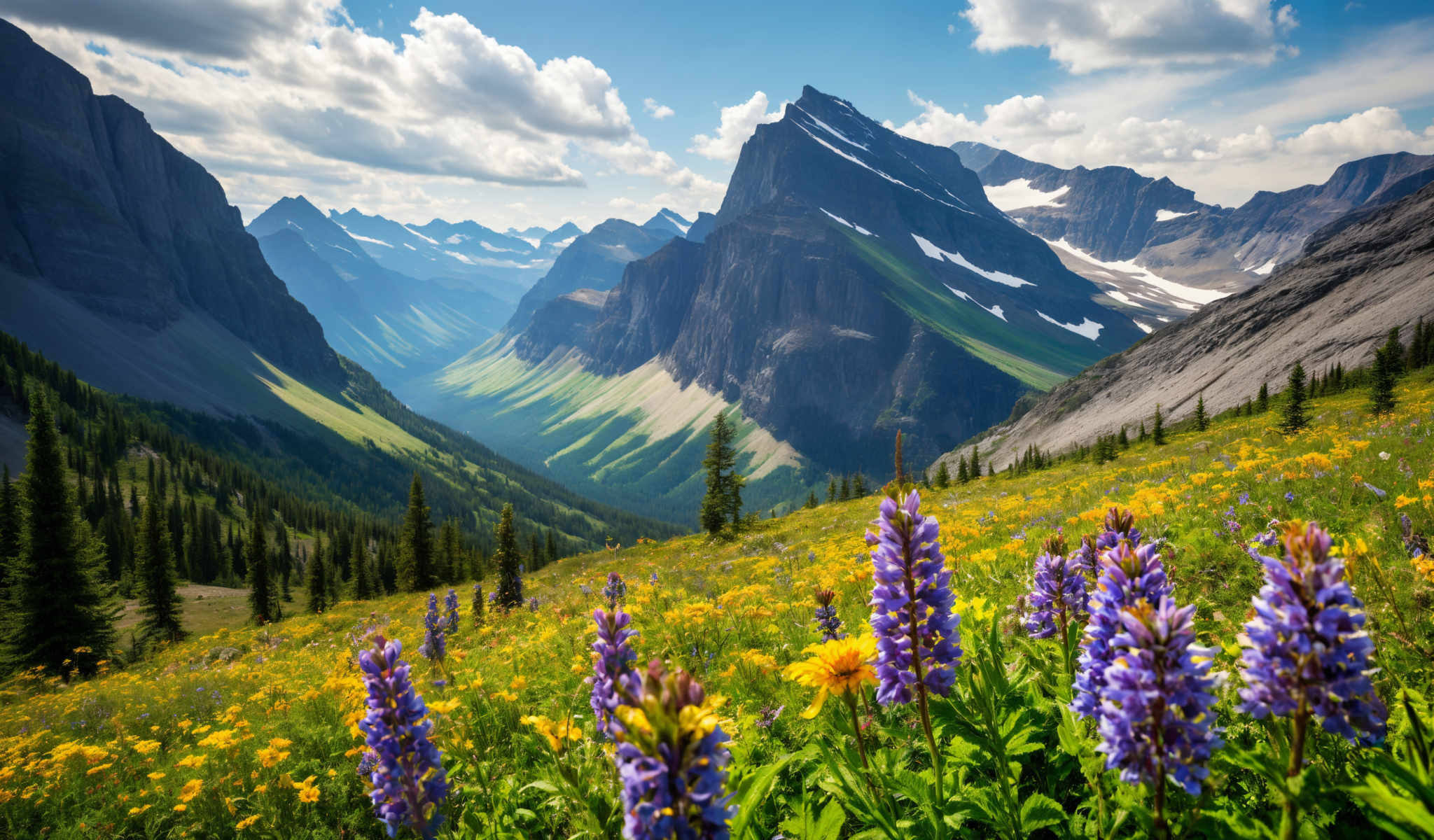 A beautiful mountain range with a clear blue sky above. The mountains are covered in snow and the sky is clear. The foreground is filled with wildflowers in various colors.