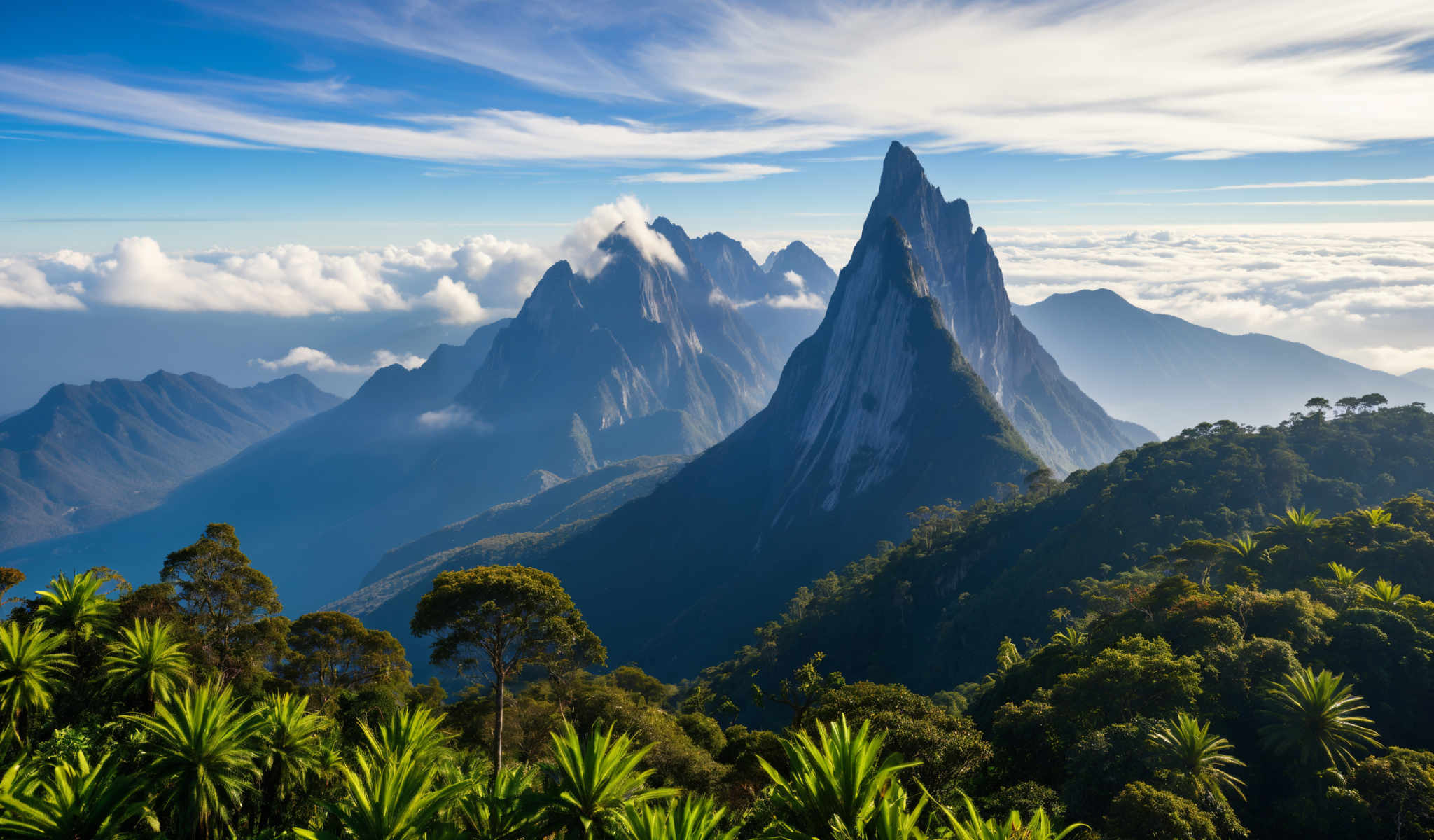 A mountain range with a large peak in the center. The mountains are covered in a lush green forest. The sky is a clear blue with white clouds scattered throughout. The image is taken from a high vantage point looking down on the mountains. The colors in the image are vibrant with the green of the trees contrasting against the blue of the sky. The mountain range is the main focus of the photo with its grandeur and majesty taking center stage. The surrounding forest adds a sense of depth and scale to the image emphasizing the vastness of the landscape. The clear blue sky provides a beautiful backdrop for the mountains enhancing their natural beauty. The white clouds add a touch of whimsy to the scene creating a sense that the image was taken on a perfect day. Overall the image captures the awe-inspiring beauty of nature in its raw form.