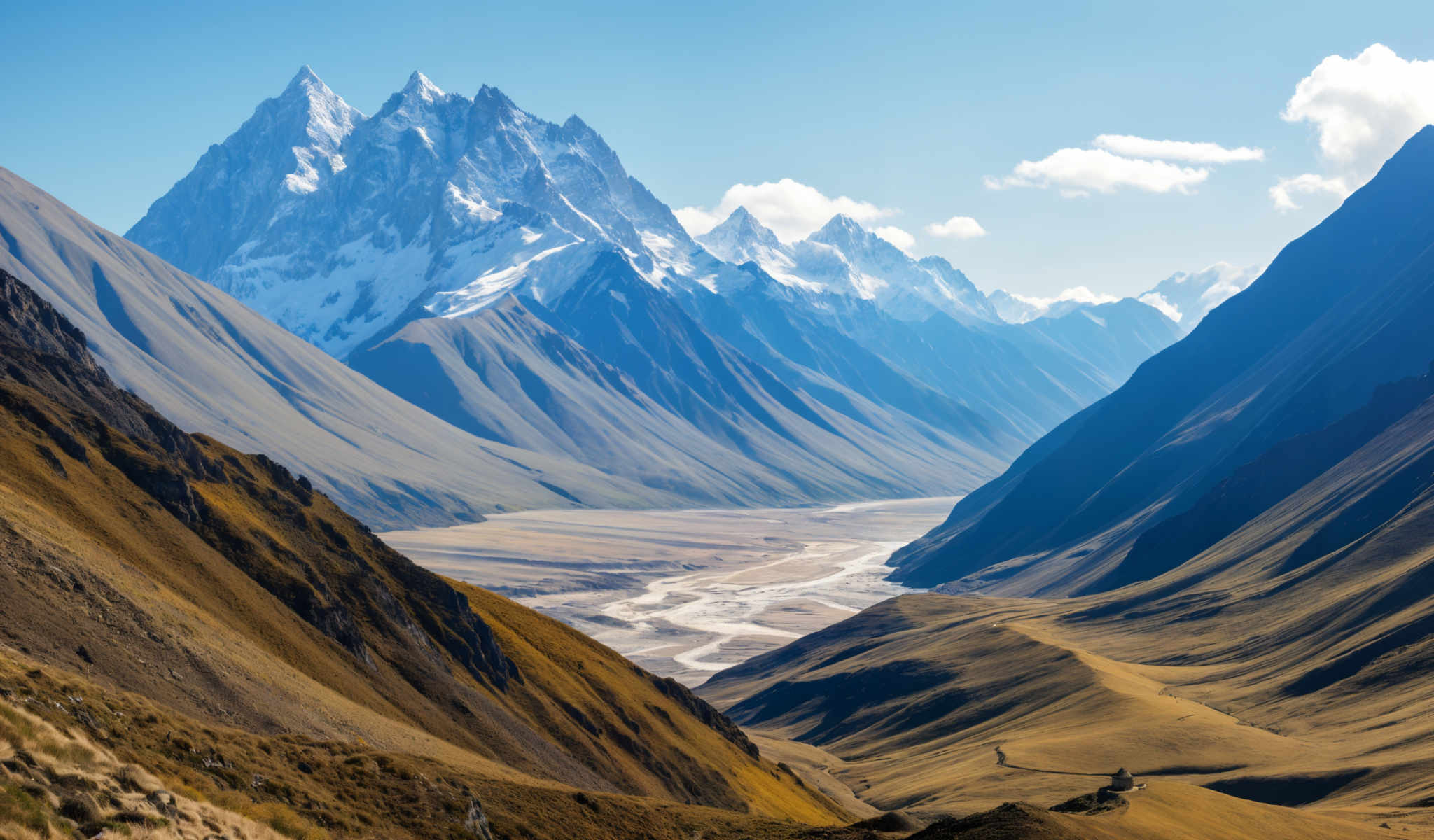 A breathtaking view of a mountain range with a valley in the middle. The mountains are covered in snow and the valley is filled with water. The sky is a clear blue and there are a few clouds in the distance. The image is taken from a high vantage point giving a panoramic view of the landscape. The colors in the image are vibrant with the snow-covered mountains appearing white the blue sky and green valley. The water in the valley appears a light blue color. The overall scene is serene and beautiful.