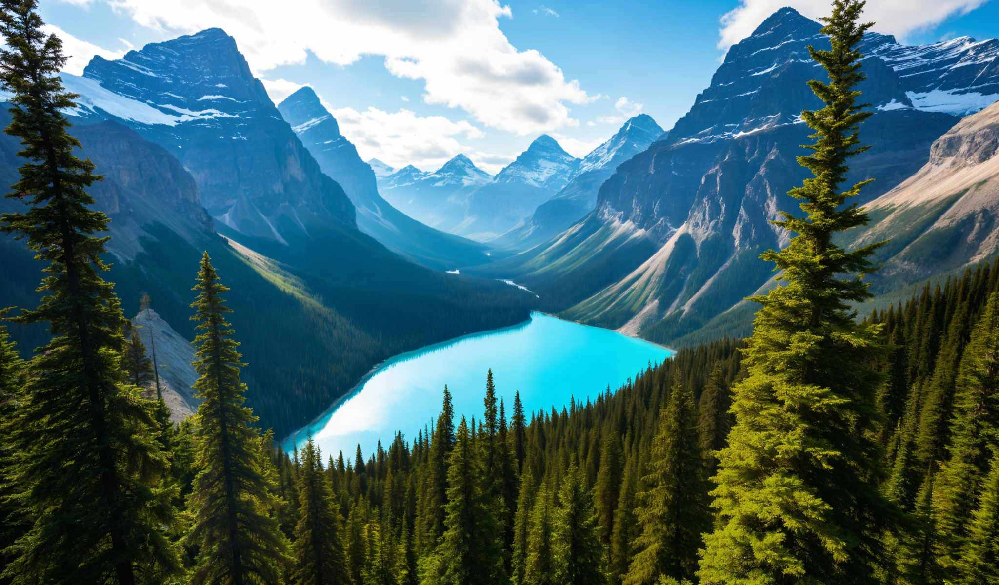 A serene mountainous landscape with a turquoise lake at its heart. The lake is surrounded by a dense forest of evergreen trees. The mountains covered in snow rise majestically in the background. The sky above is a clear blue with a few scattered clouds. The image captures the beauty and tranquility of nature in its purest form.