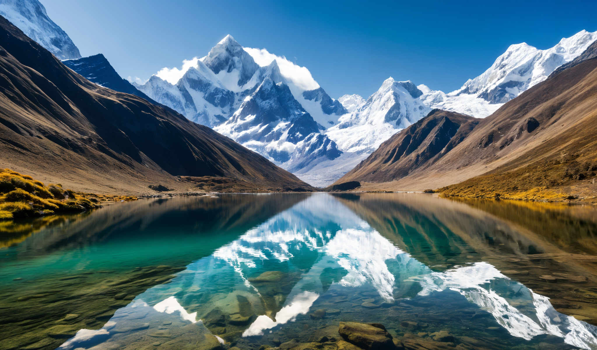 A serene mountain landscape with a clear blue sky. The mountains are covered in snow and the sky is clear. In the foreground there is a lake with a greenish-blue color. The lake is surrounded by rocks and vegetation. The image is taken from a low angle giving a view of the mountains in the background. The colors in the image are vibrant with the blue of the sky and the green of the vegetation standing out. The snow on the mountains adds a contrasting white color to the scene. The rocks surrounding the lake add a rugged texture to the image while the vegetation adds a touch of life to the otherwise stark landscape. The low angle of the shot gives a sense of scale and grandeur to the mountains making them appear even more majestic. The clear blue skies suggest a calm and peaceful day perfect for outdoor activities. The greenish blue color of the lake adds a calming element to the overall scene making it a perfect representation of a tranquil mountain landscape.