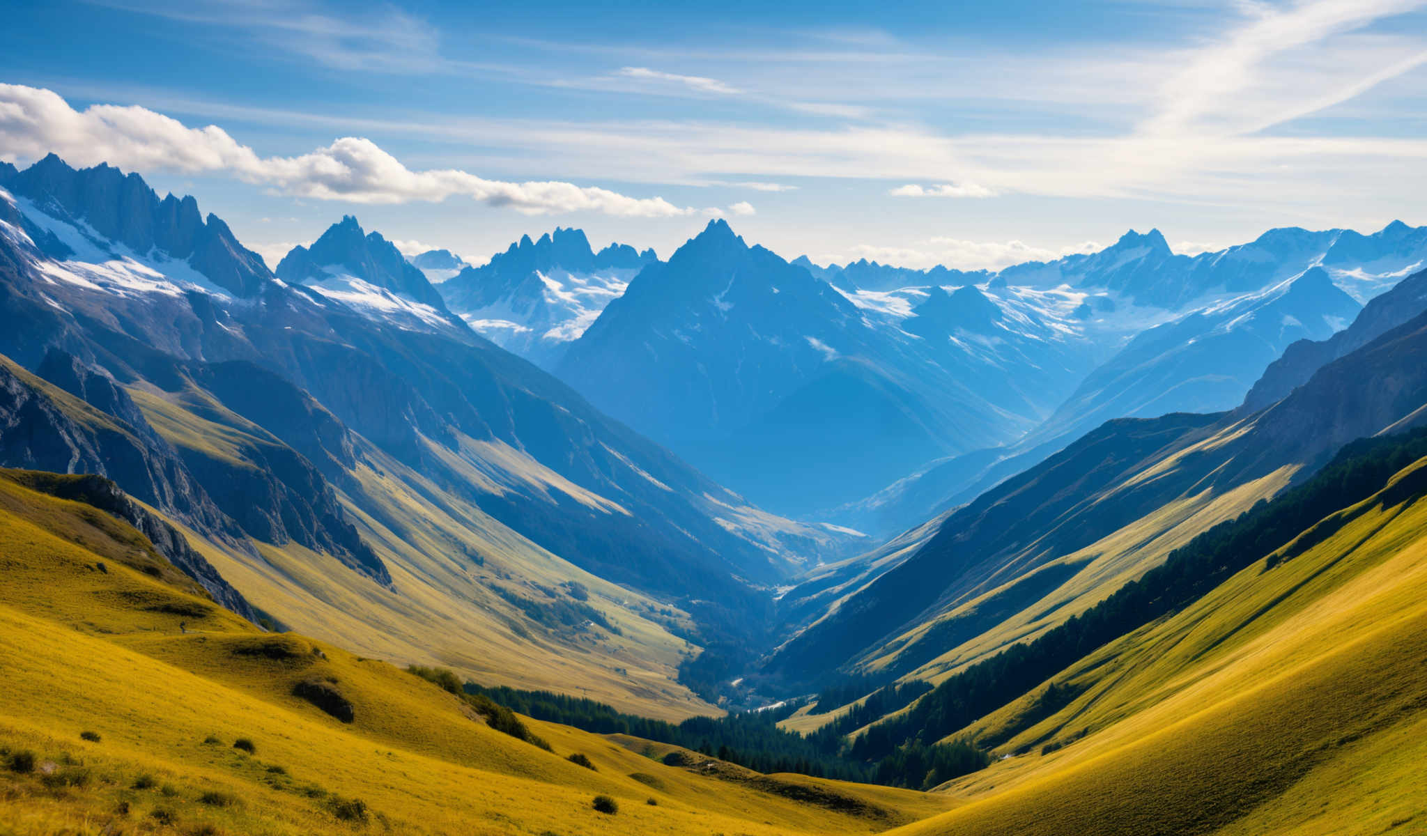 A breathtaking view of a mountain range with a valley in the middle. The mountains are covered in snow and the valley is lush with greenery. The sky is a clear blue with a few clouds scattered across it. The image is taken from a high vantage point giving a panoramic view of the landscape. The colors in the image are vibrant with the green of the valley contrasting beautifully with the blue of the sky and the white of the snow-covered mountains. The perspective of the photo gives a sense of depth and scale emphasizing the grandeur of the natural landscape.