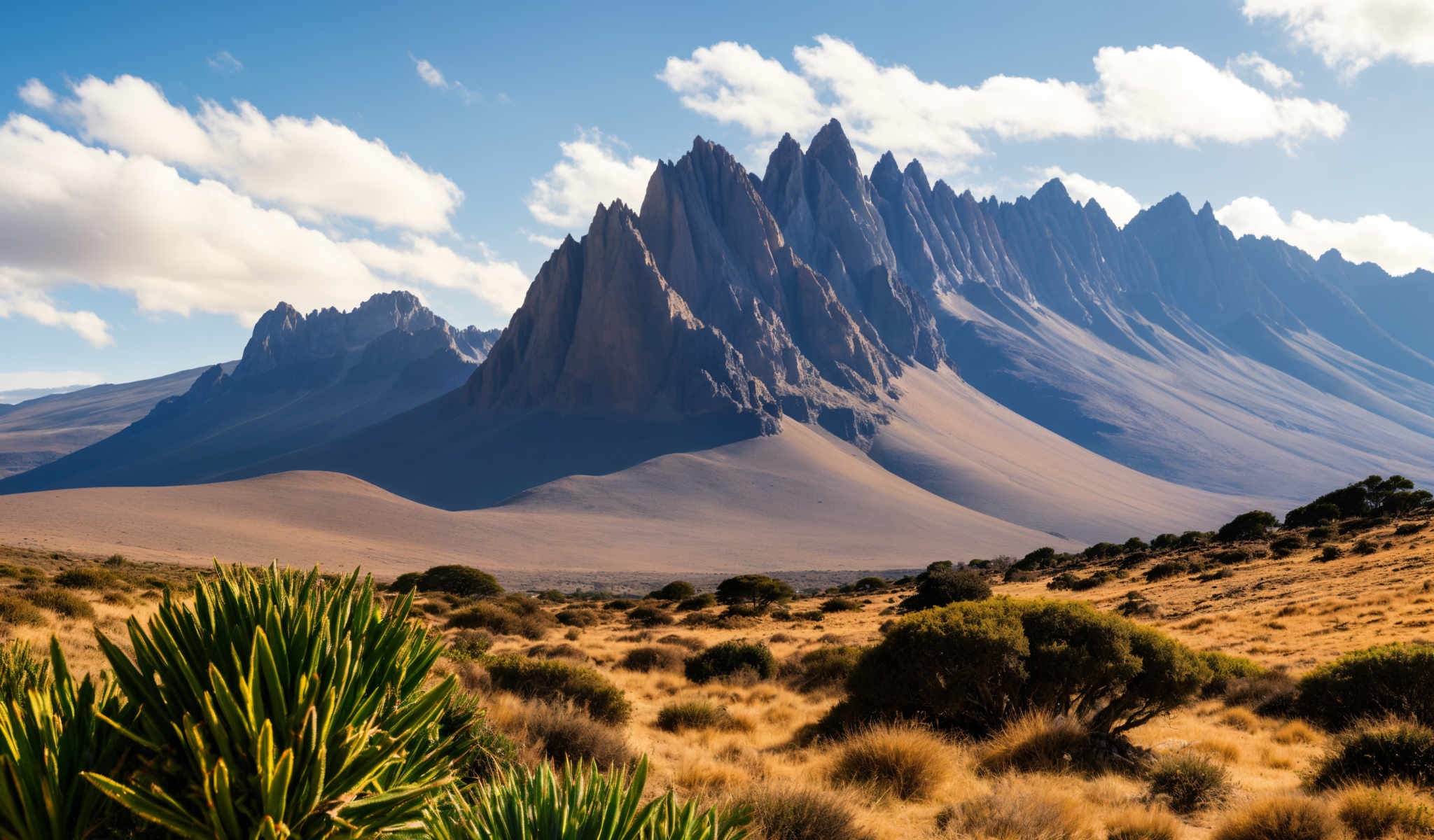 A mountain range with jagged peaks under a blue sky.