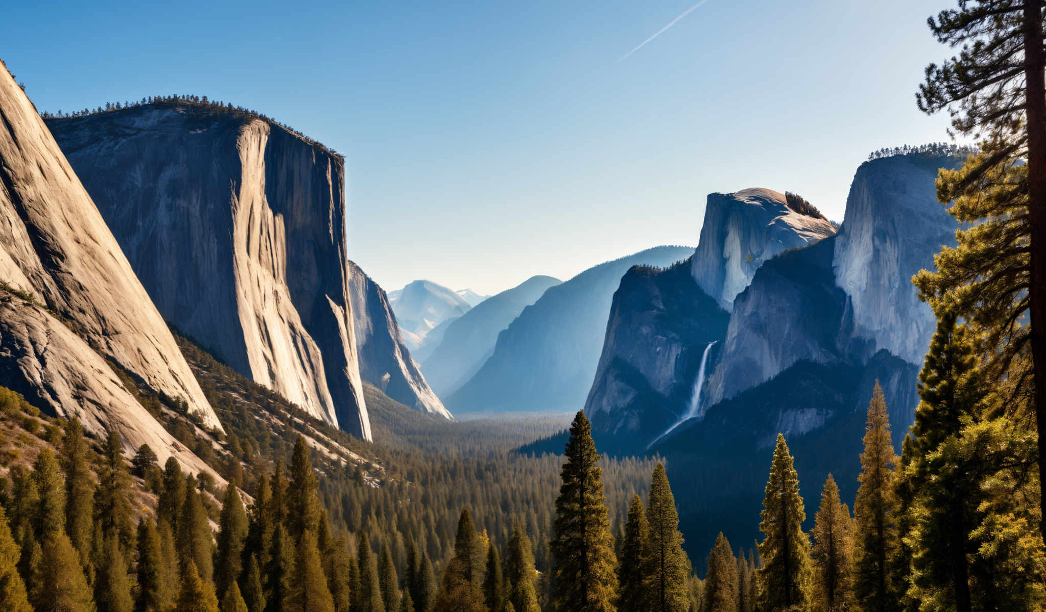 The image captures a breathtaking view of a mountainous landscape. Dominating the scene are two towering rock formations their light brown color contrasting with the deep blue of the sky. The formation on the left is taller its peak reaching towards the heavens while the one on the right is shorter its base firmly planted on the ground. 

Nestled between these two giants is a valley a lush expanse of greenery that adds a touch of life to the otherwise stark landscape. The valley is dotted with trees their leaves a vibrant green and a river meanders through it its waters a clear blue. 

The sky above is a deep blue with a few clouds scattered across it adding depth to the scene. The image is taken from a high vantage point looking down into the valley giving a sense of scale and grandeur to the landscape. 

Despite the image's complexity there's a sense that everything is in its place creating a harmonious balance between the natural elements. The rock formations stand tall and firm the valley below is a testament to life's resilience and the sky above watches over it all. It's a snapshot of nature's beauty captured in a single frame.