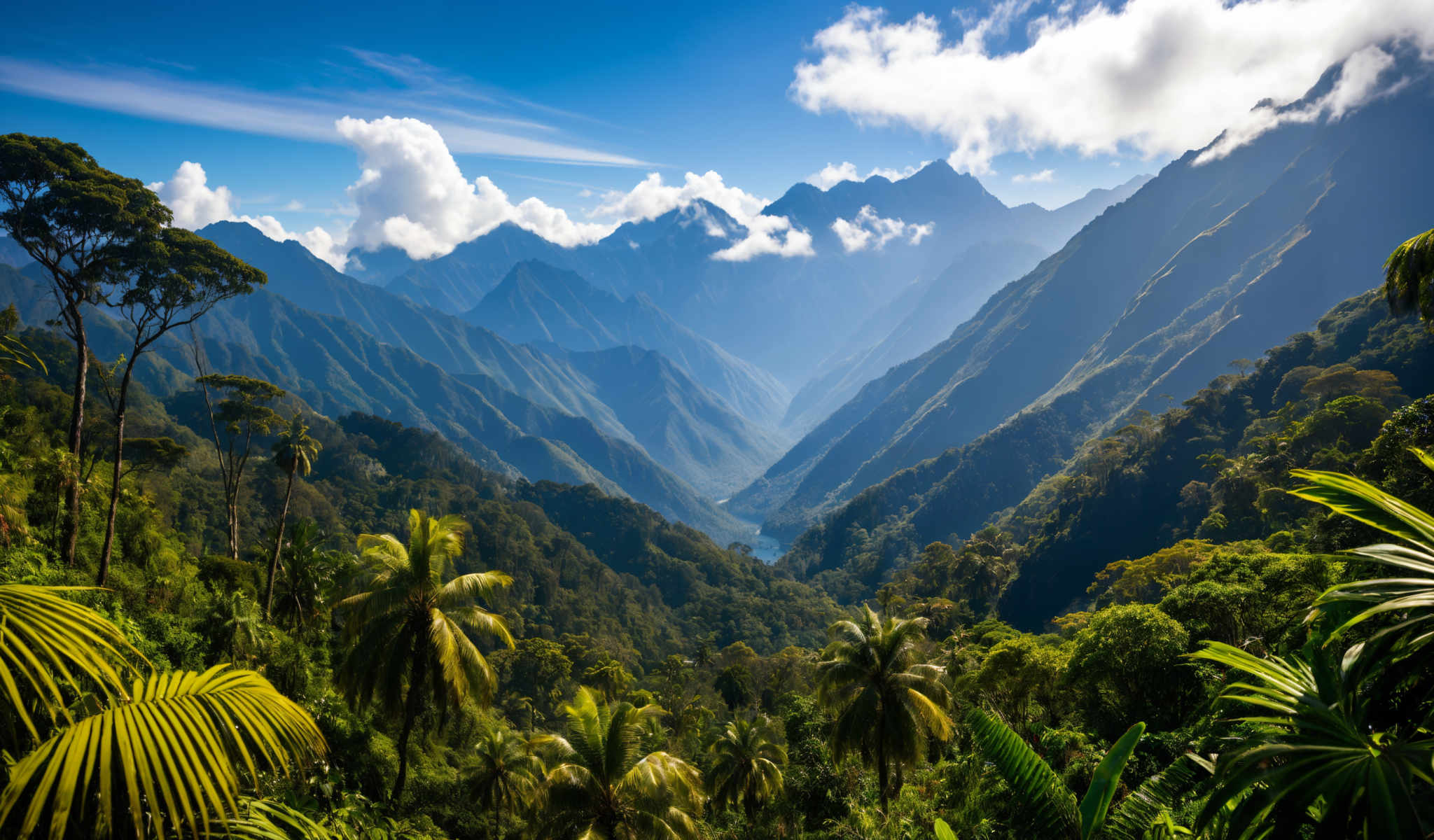 A beautiful mountain range with a river flowing through it. The mountains are covered in lush green vegetation. The sky is a clear blue with white clouds scattered across it.