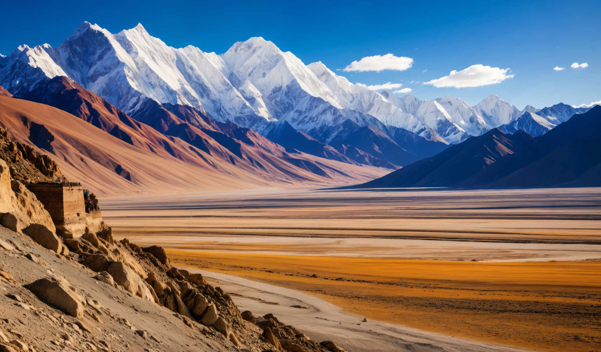 A breathtaking view of a mountain range with a clear blue sky. The mountains are covered in snow and the sky is a beautiful shade of blue. The foreground of the photo is a desert with a rocky outcropping. The photo is taken from a high vantage point giving a panoramic view of the landscape. The colors in the photo are vibrant with the snow on the mountains appearing white the blue of the sky and a mix of brown and orange in the desert. The rocky outcrop in the foreground adds a touch of ruggedness to the scene. The overall composition of the photograph is balanced and harmonious with each element complementing the others.