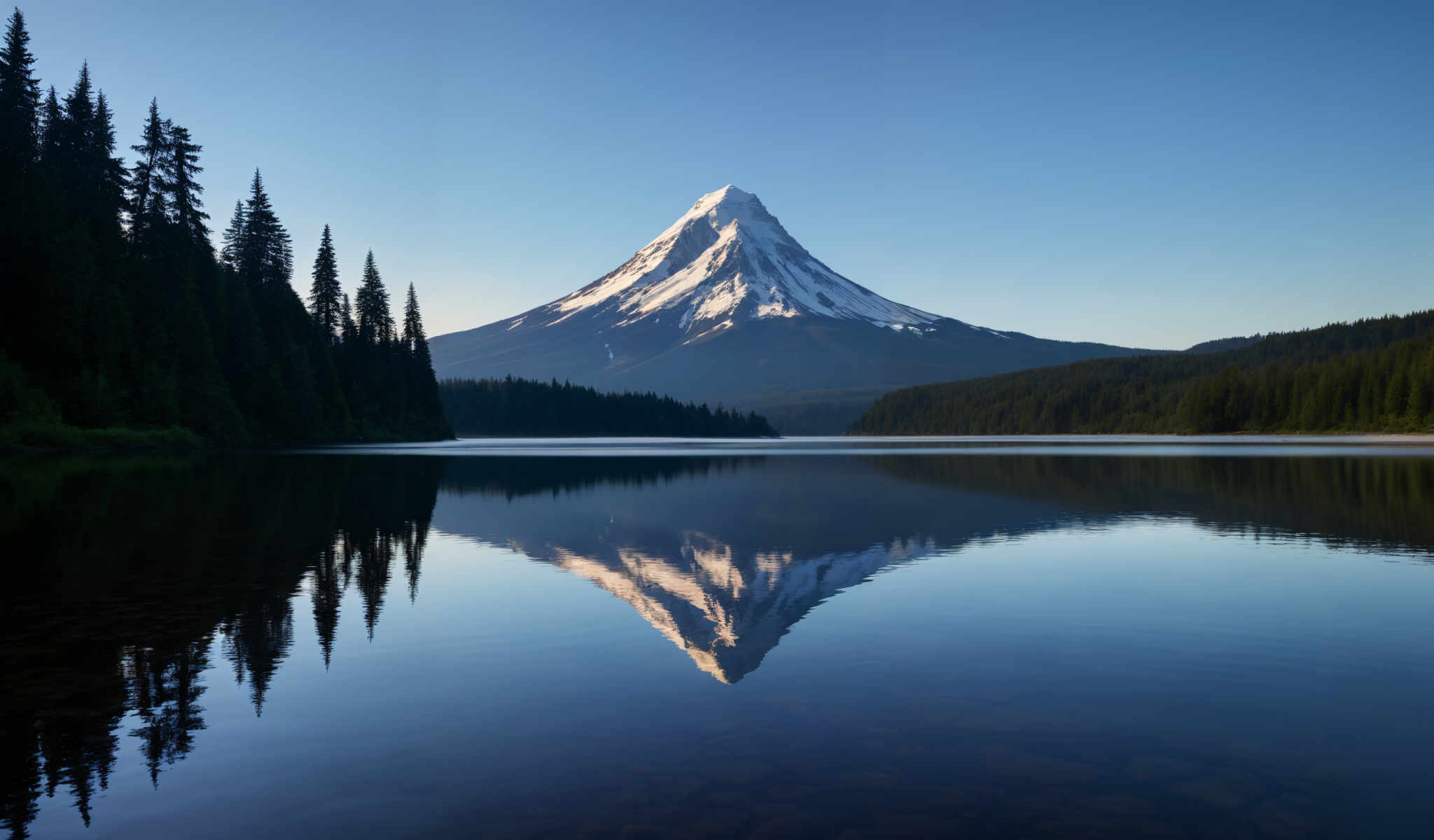 A serene mountain landscape with a clear blue sky. The mountain covered in snow is the main focus of the scene. It is surrounded by a lake which is calm and mirrors the mountain's grandeur. The lake is encircled by a forest of trees their green foliage contrasting with the blue of the sky and water. The sky is clear allowing for a perfect view of the mountain and its surroundings. The image captures the beauty and tranquility of nature in its purest form.