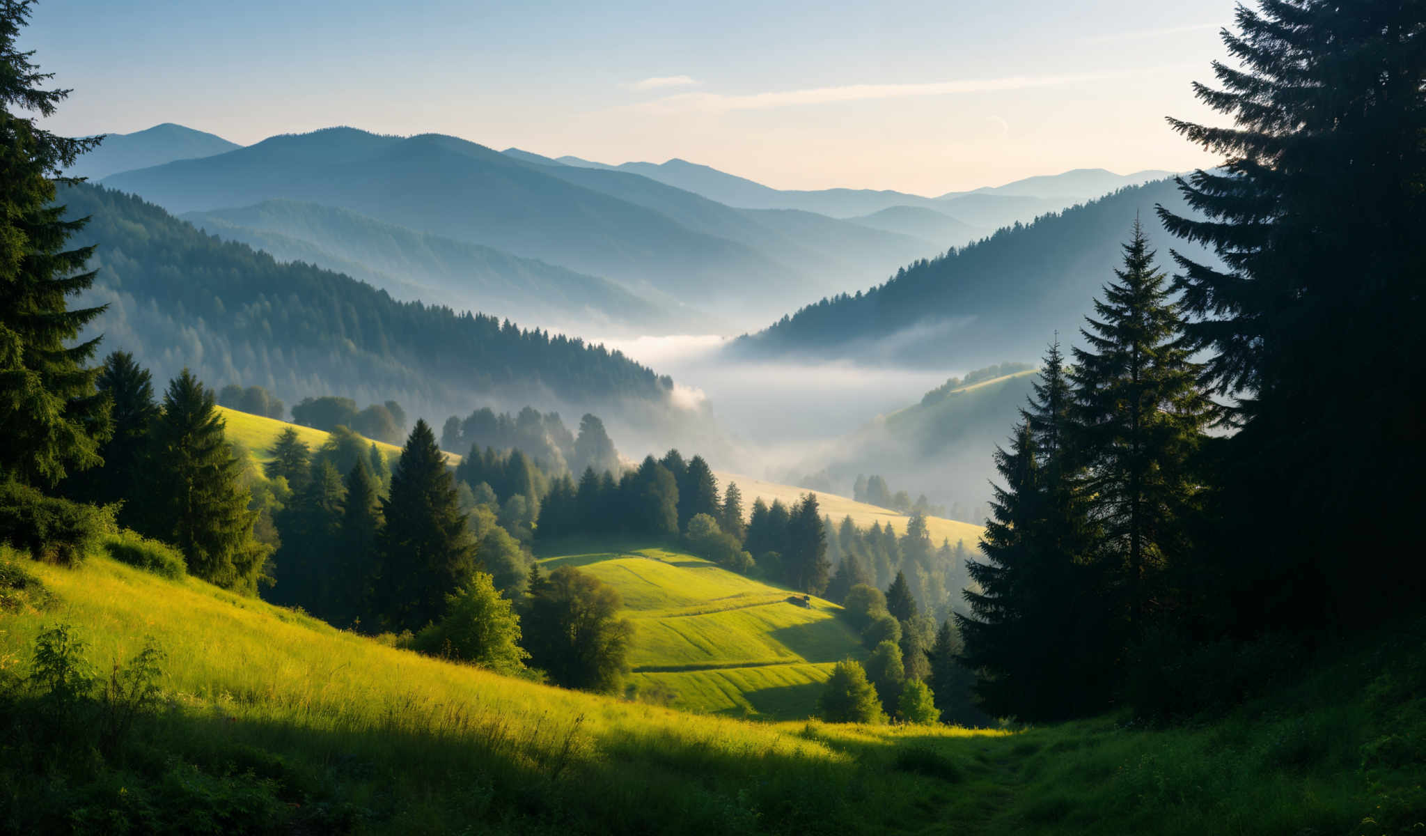 A serene landscape of a mountainous region with a foggy valley in the center. The mountains are covered in lush green trees and the valley is a vibrant green field. The sky is a clear blue with a few clouds scattered across it. The image is taken from a high vantage point providing a panoramic view of the valley and the mountains. The colors in the image are predominantly green and blue with some brown and gray accents. The overall scene is peaceful and idyllic evoking a sense of tranquility and natural beauty.