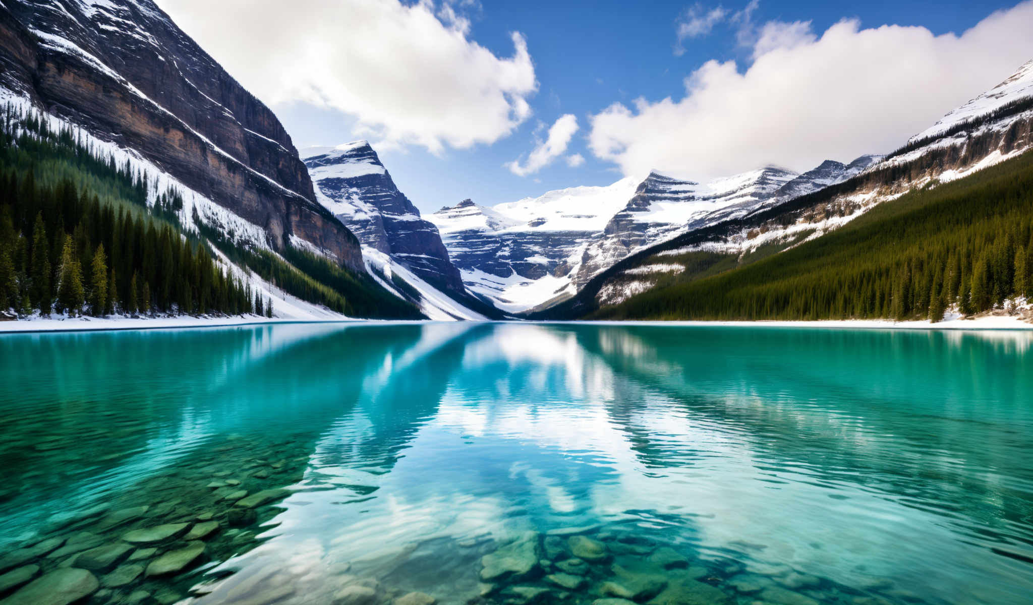 A serene lake surrounded by snow covered mountains.