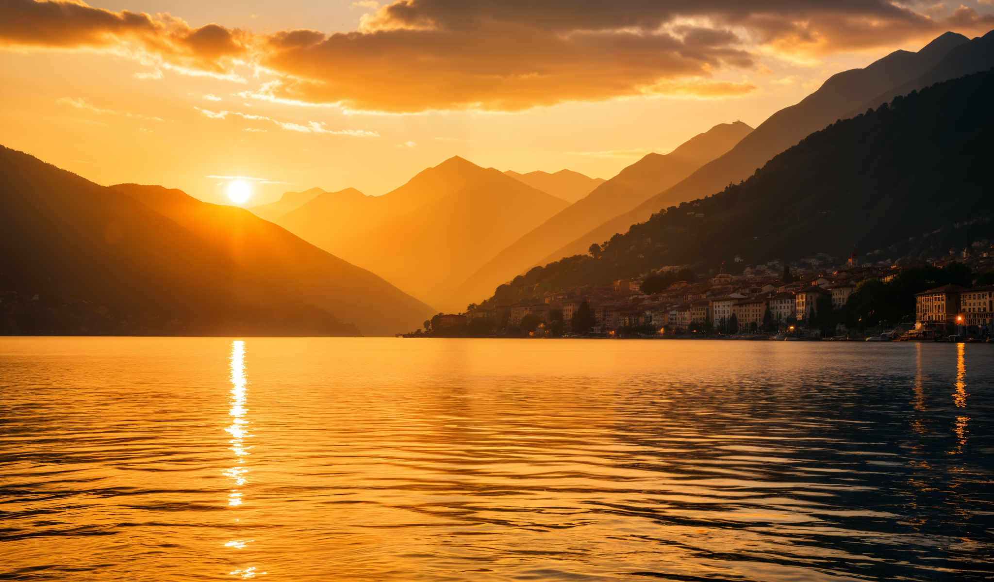 A serene sunset over a mountainous landscape with a lake in the foreground. The sun is setting behind the mountains casting a warm orange glow. The mountains are covered in a lush green forest and there are buildings scattered throughout. The lake is calm and still reflecting the colors of the sunset. The sky is a beautiful blend of orange and yellow hues with a few clouds scattered across it. The overall scene is peaceful and tranquil with the sun setting over the mountains creating a picturesque view.