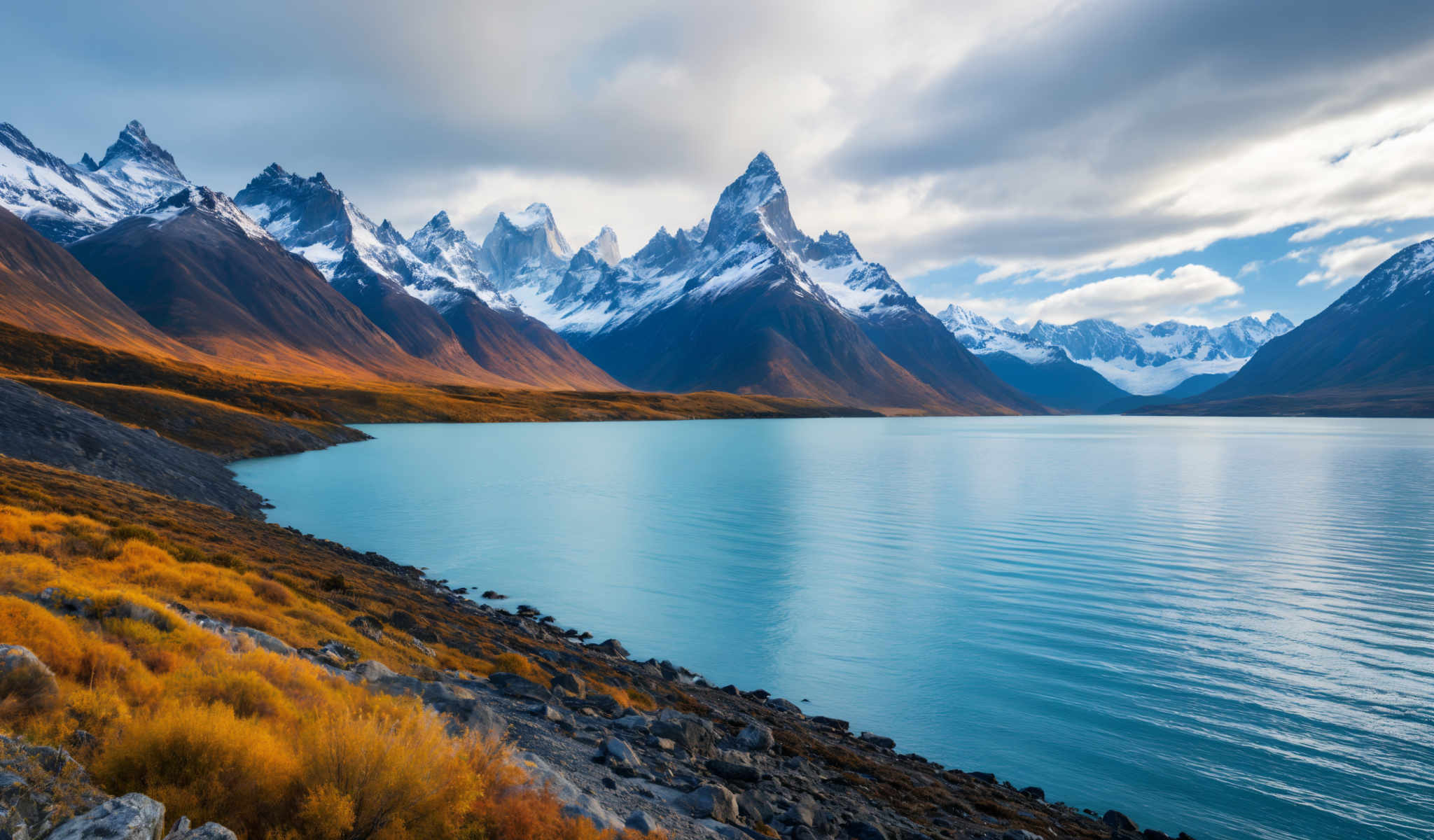 A serene mountainous landscape with a deep blue lake in the foreground. The mountains are covered in snow and the sky is cloudy. The lake is surrounded by a rocky shore. The image is taken from a high vantage point providing a panoramic view of the scene. The colors in the image are predominantly blue green and gray with some orange and yellow accents. The overall mood of the photo is peaceful and tranquil.