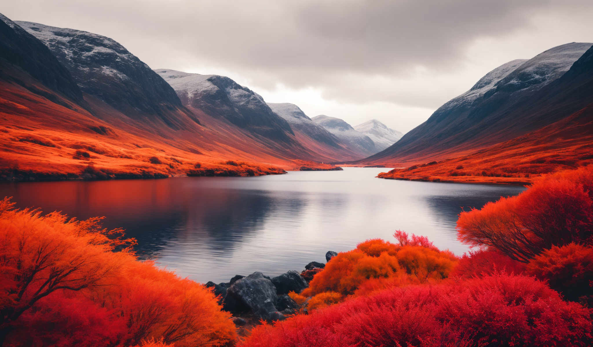 A serene landscape with a deep blue lake surrounded by mountains. The mountains are covered in a blanket of red and orange foliage creating a beautiful contrast with the blue of the lake. The sky above is cloudy adding to the overall tranquility of the scene. The image is taken from a high vantage point providing a panoramic view of the landscape. The colors in the image are vibrant and the lighting is natural enhancing the beauty of the scenery. The landmark identifier "sa_1624" does not provide additional information about the location of this landscape.