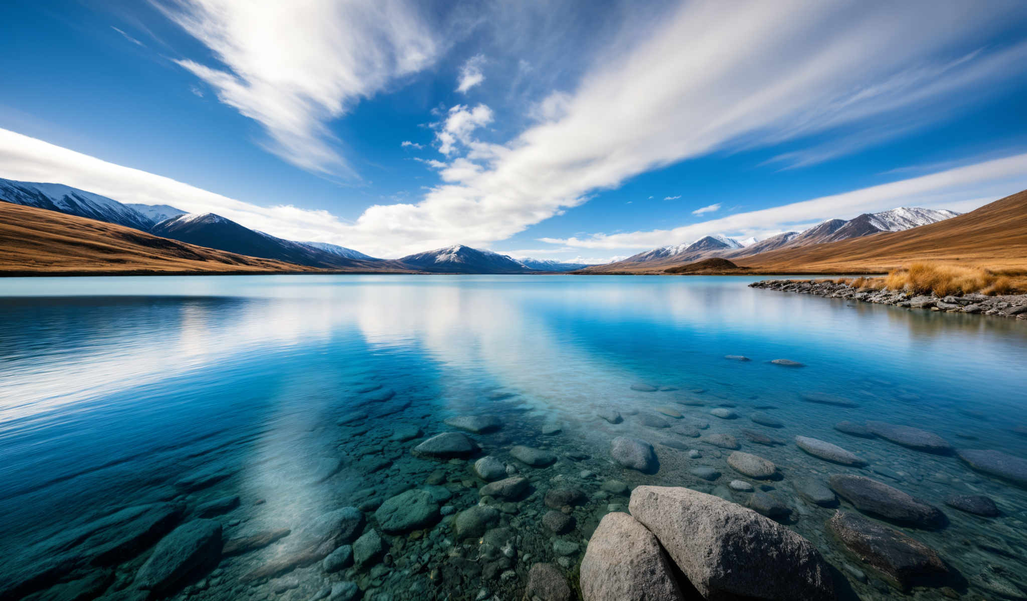 A serene lake with a mountain range in the background. The lake is surrounded by rocks and the water is a beautiful blue color. The mountains are covered in snow and the sky is a clear blue with a few clouds. The image is taken from a low angle giving a unique perspective of the landscape. The colors in the image are vibrant and the lighting is natural highlighting the beauty of the scene. The landmark information "sa_1625" does not provide any additional details about the location of this lake and mountain range.