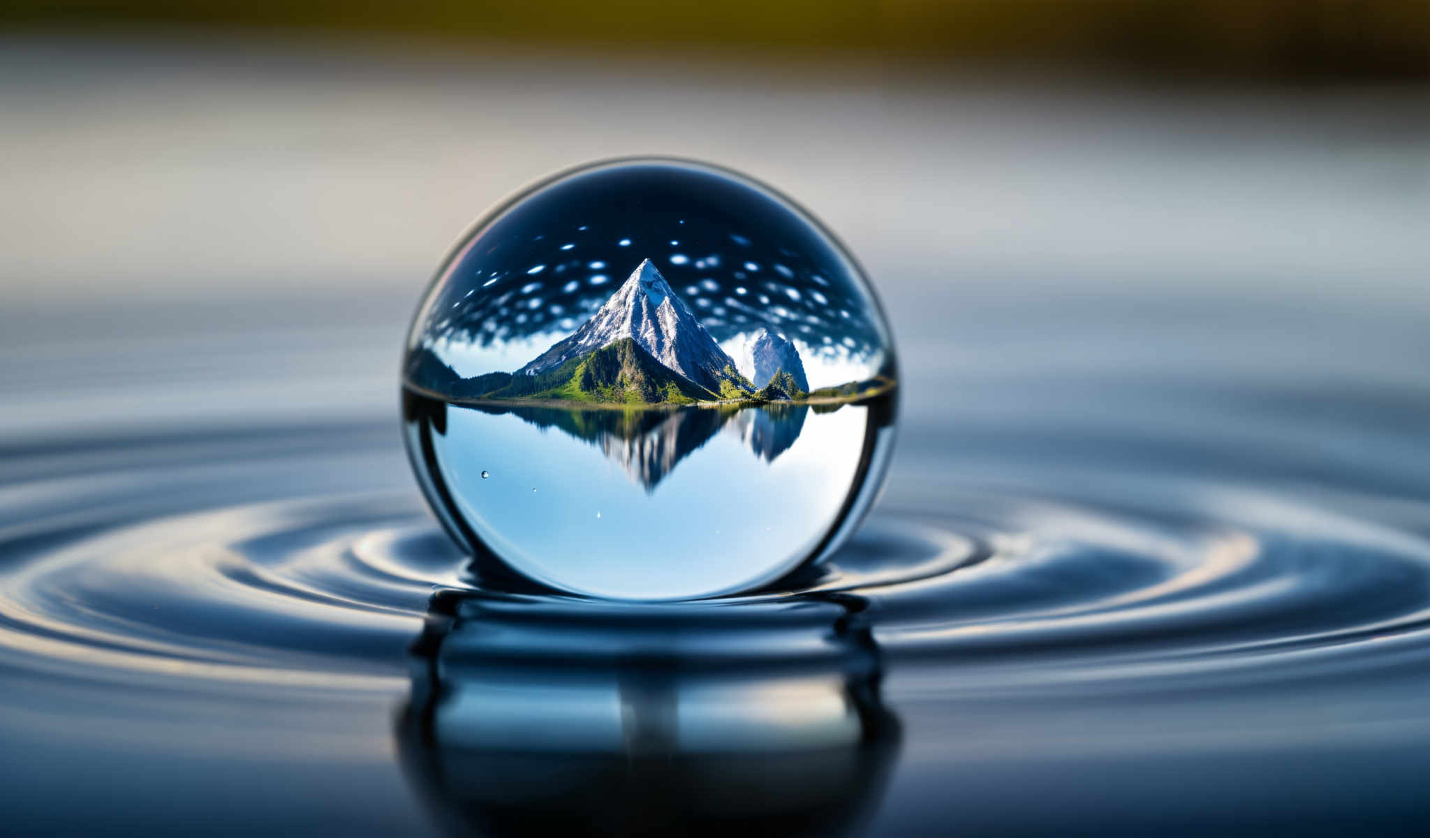 A clear glass ball with a mountain range reflected on it.