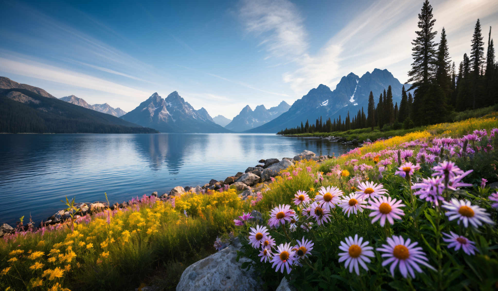 A serene landscape of a lake surrounded by mountains and flowers.