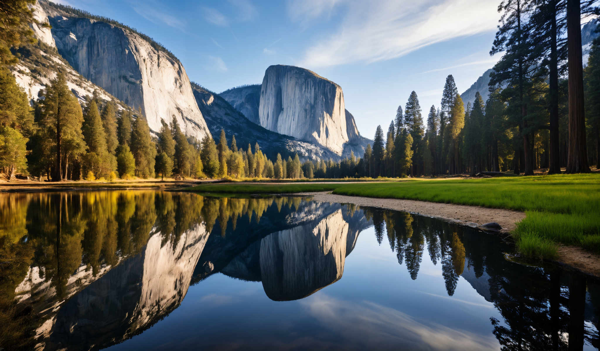 A serene landscape with a lake mountains and trees. The lake is calm and still reflecting the surrounding scenery. The mountains are tall and majestic with a large rock formation in the center. The trees are lush and green adding a vibrant touch to the scene. The sky is clear and blue with only a few clouds scattered across it. The colors in the image are predominantly blue green and gray creating a peaceful and tranquil atmosphere. The image captures the beauty of nature in its purest form.