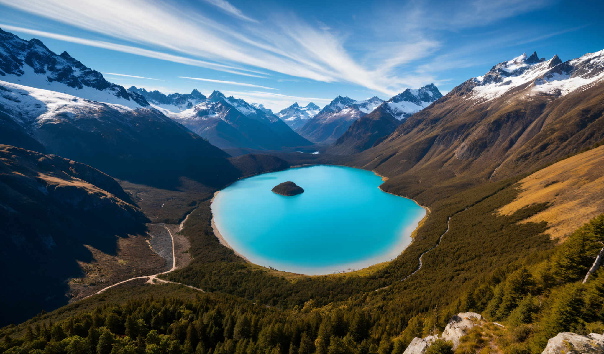 A breathtaking view of a mountainous landscape with a large blue lake at the center. The lake is surrounded by mountains on all sides creating a stunning natural spectacle. The mountains are covered in a blanket of snow adding a touch of serenity to the scene. The sky above is a clear blue with a few clouds scattered across it adding depth to the image.

The lake itself is a vibrant blue reflecting the sky above. It is surrounded on all four sides by mountains creating an island-like effect. The water in the lake is calm with no visible waves or ripples suggesting a peaceful day.

The mountains are densely covered in trees their green foliage contrasting beautifully with the blue of the lake and sky. The trees appear to be in full bloom indicating that the image was likely taken during the warmer months.

The image is taken from a high vantage point providing a panoramic view of the landscape. This perspective allows for a comprehensive view of both the lake in the foreground and the mountains in the background.

Overall the image captures the beauty and tranquility of nature with its clear blue sky calm lake and snow-covered mountains. It's a perfect representation of a peaceful serene landscape.