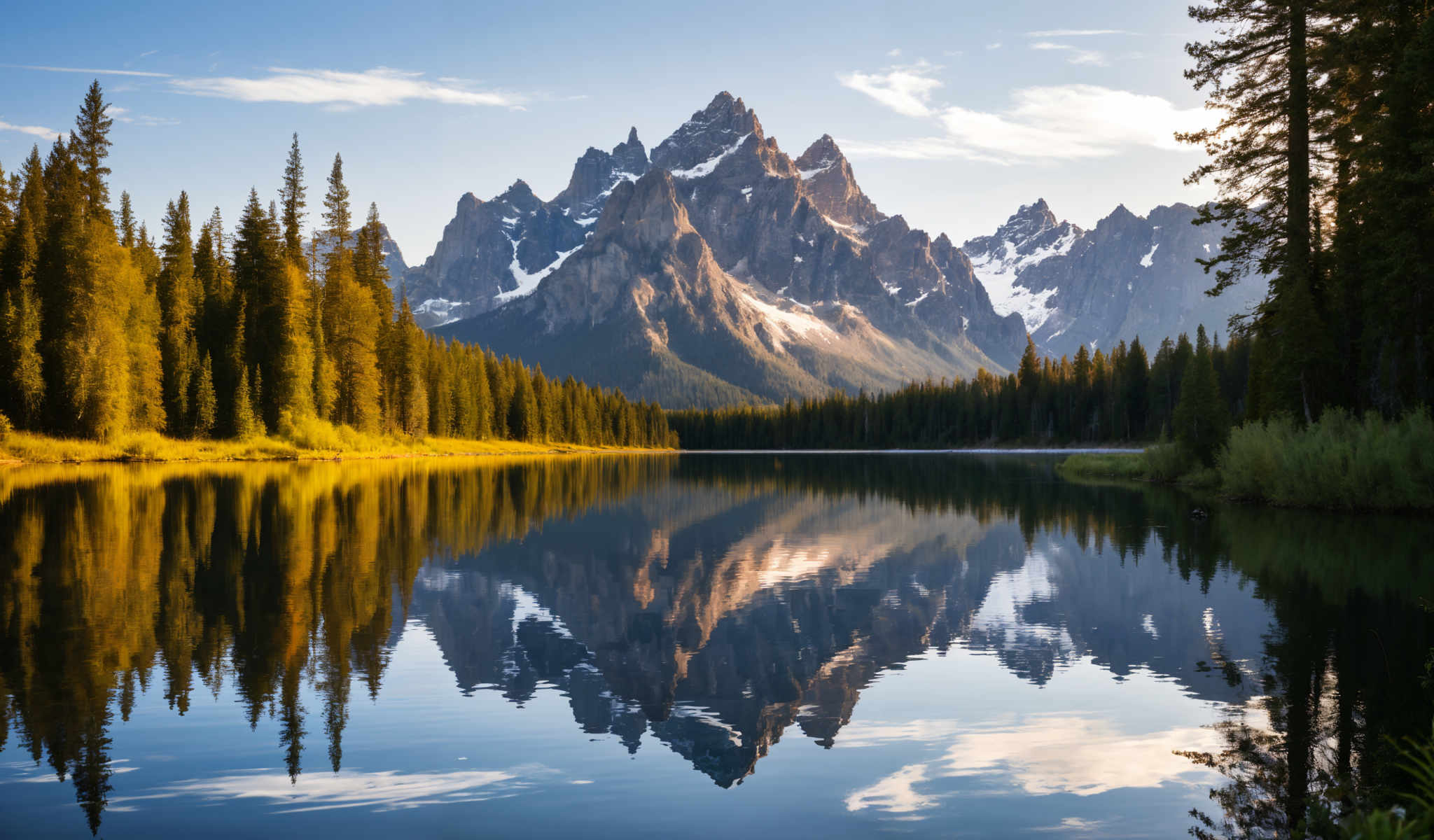 A serene mountain landscape with a lake in the foreground. The mountains are covered in snow and the sky is clear. The lake is calm and still reflecting the surrounding scenery. The trees surrounding the lake are lush and green. The sky is a clear blue with a few clouds scattered across it. The image is taken from a low angle looking up at the mountains. The colors in the image are vibrant and the lighting is bright. The overall scene is peaceful and tranquil.